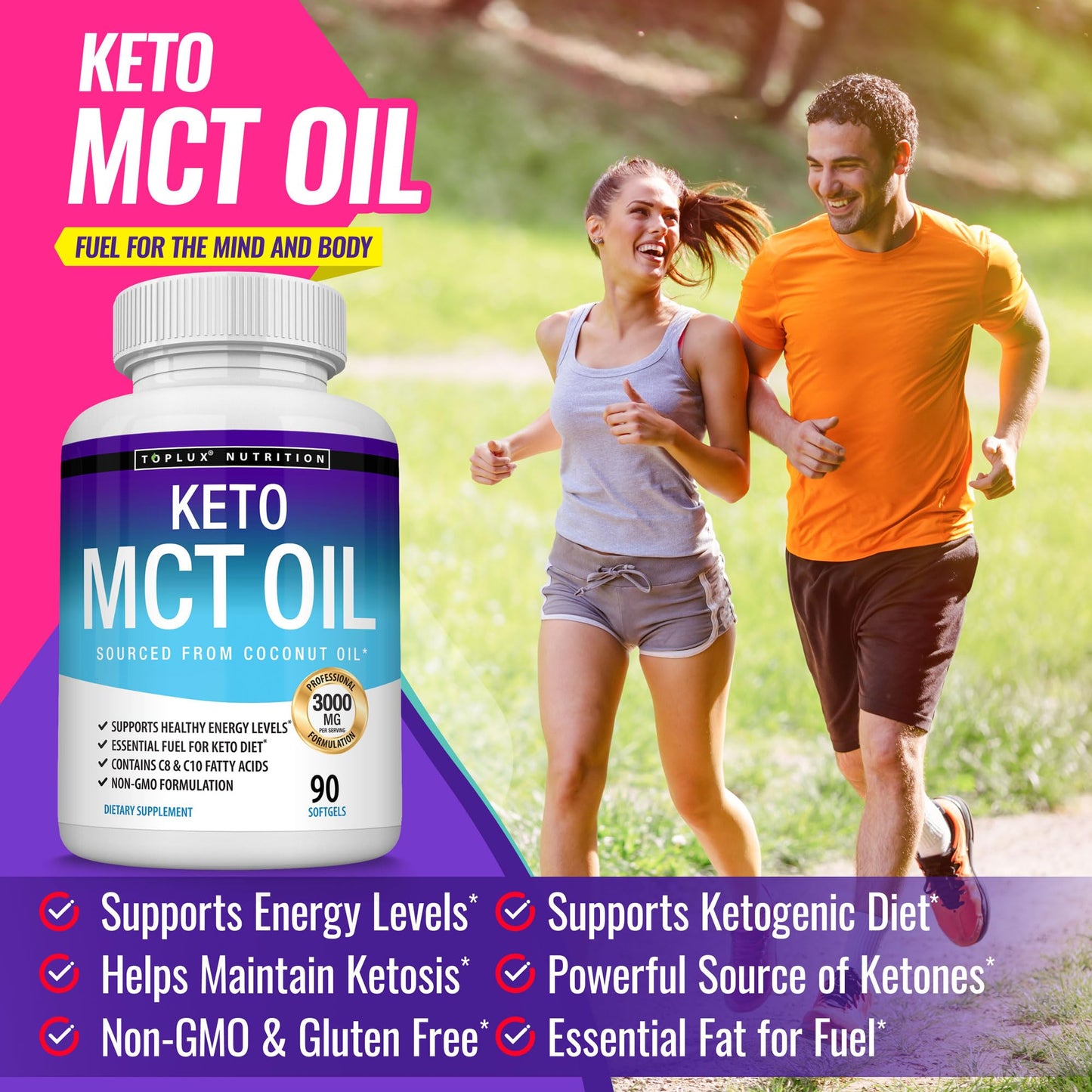 Toplux Keto MCT Oil Capsules - 3000mg Natural Pure Coconut Oil Extract Pills, Source of Energy, Easy to Digest for Men Women, 90 Softgels, Supplement