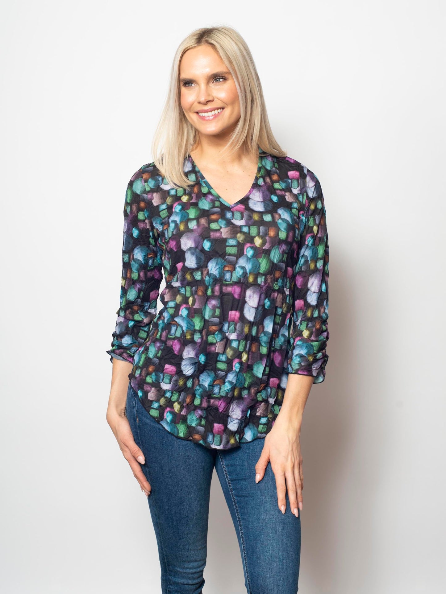 SNO SKINS Fall/Winter Collection Designer Print Crinkle V-Neck Top with Rouched Detail (Galaxy)