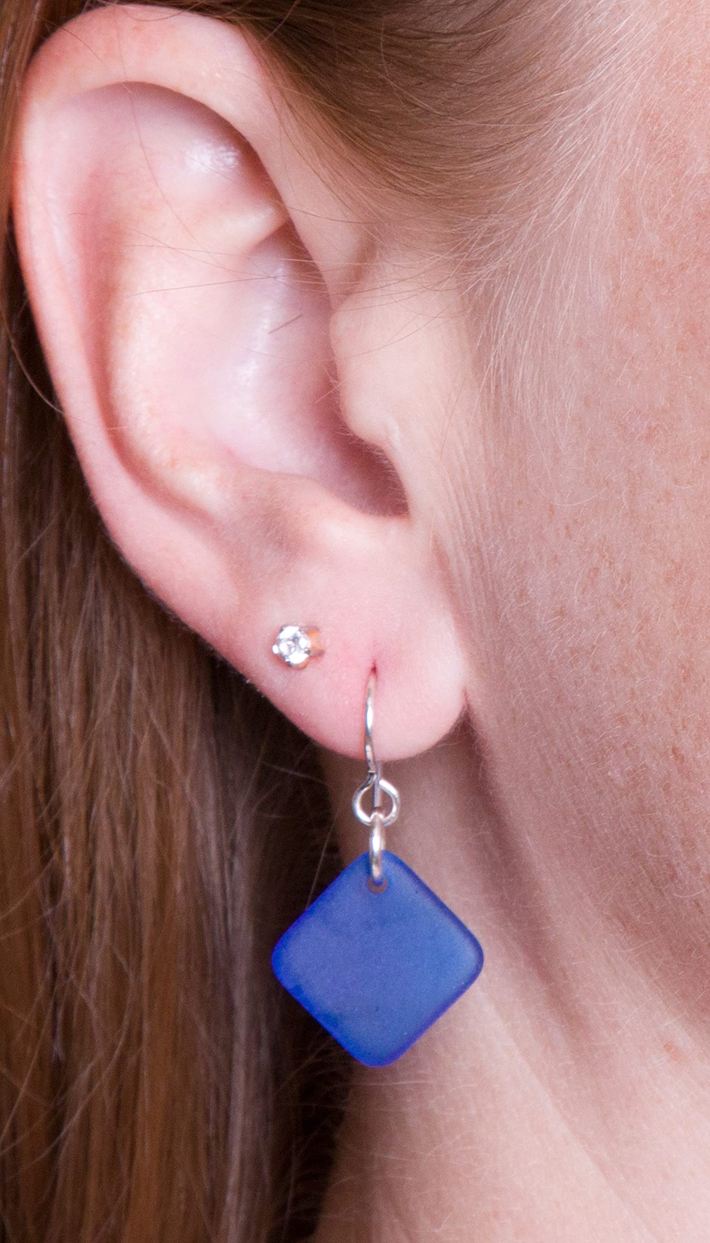 Delicate Diamond Sea Glass Earrings (Cornflower) Beach Glass Earrings for Women by EcoSeaCo, using sustainable, recycled and repurposed material. Handmade Jewelry in the USA