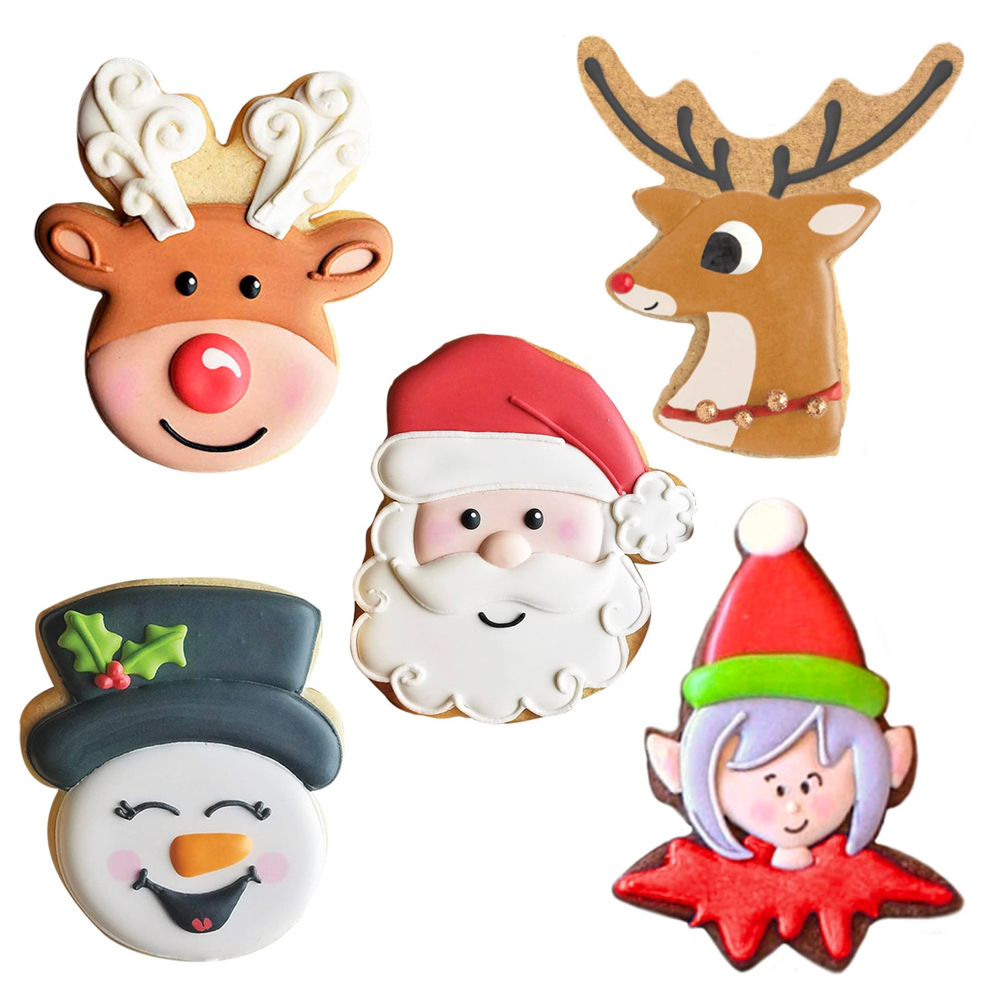 Ann Clark Cookie Cutters Faces of Christmas Cookie Cutters 5-Pc. Set Made in the USA, Santa Face, Reindeer Faces, Snowman Face, Elf Face