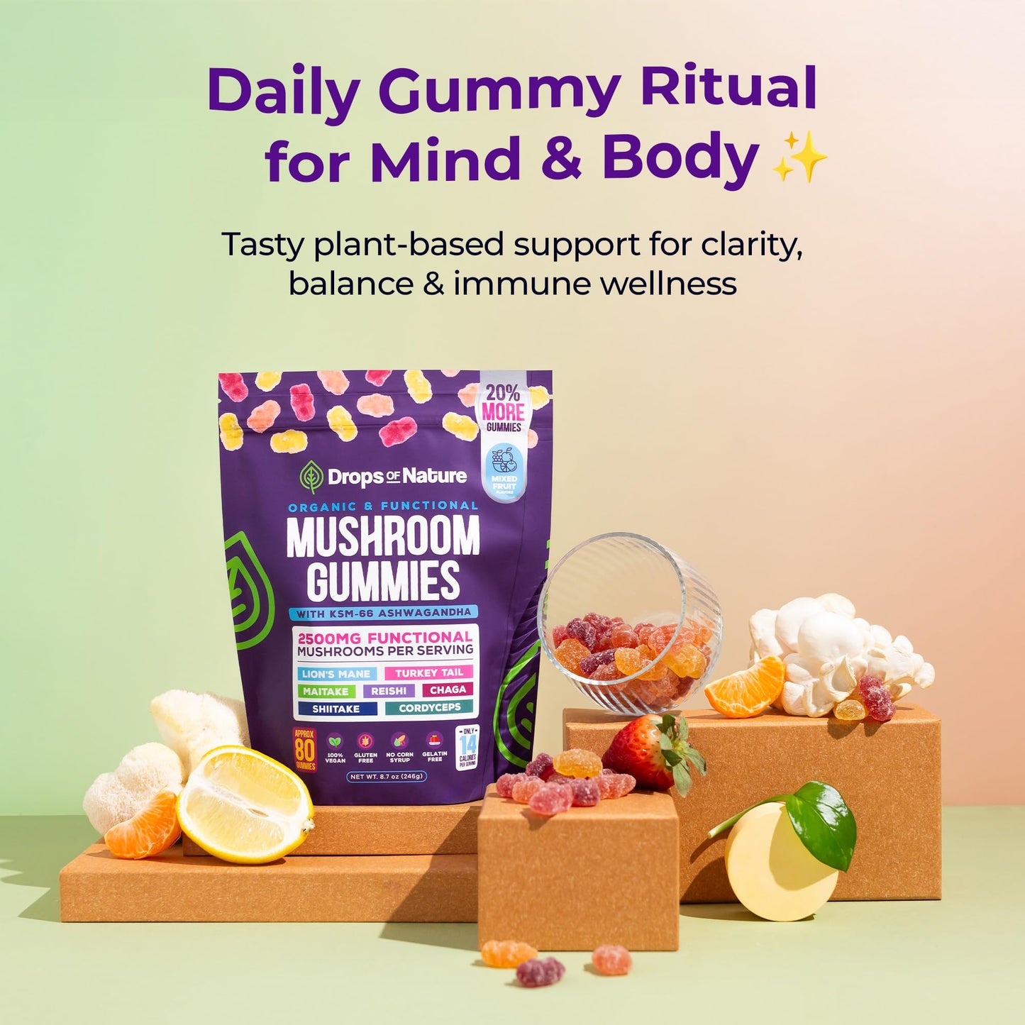 Ashwagandha Gummies and Lions Mane Mushroom Gummies Supplement - Organic - Reishi, Cordyceps, Turkey Tail, Maitake, Shitake, Chaga - Immune Defense, Boosts Cognitive Performance, Vegan, Low Carb