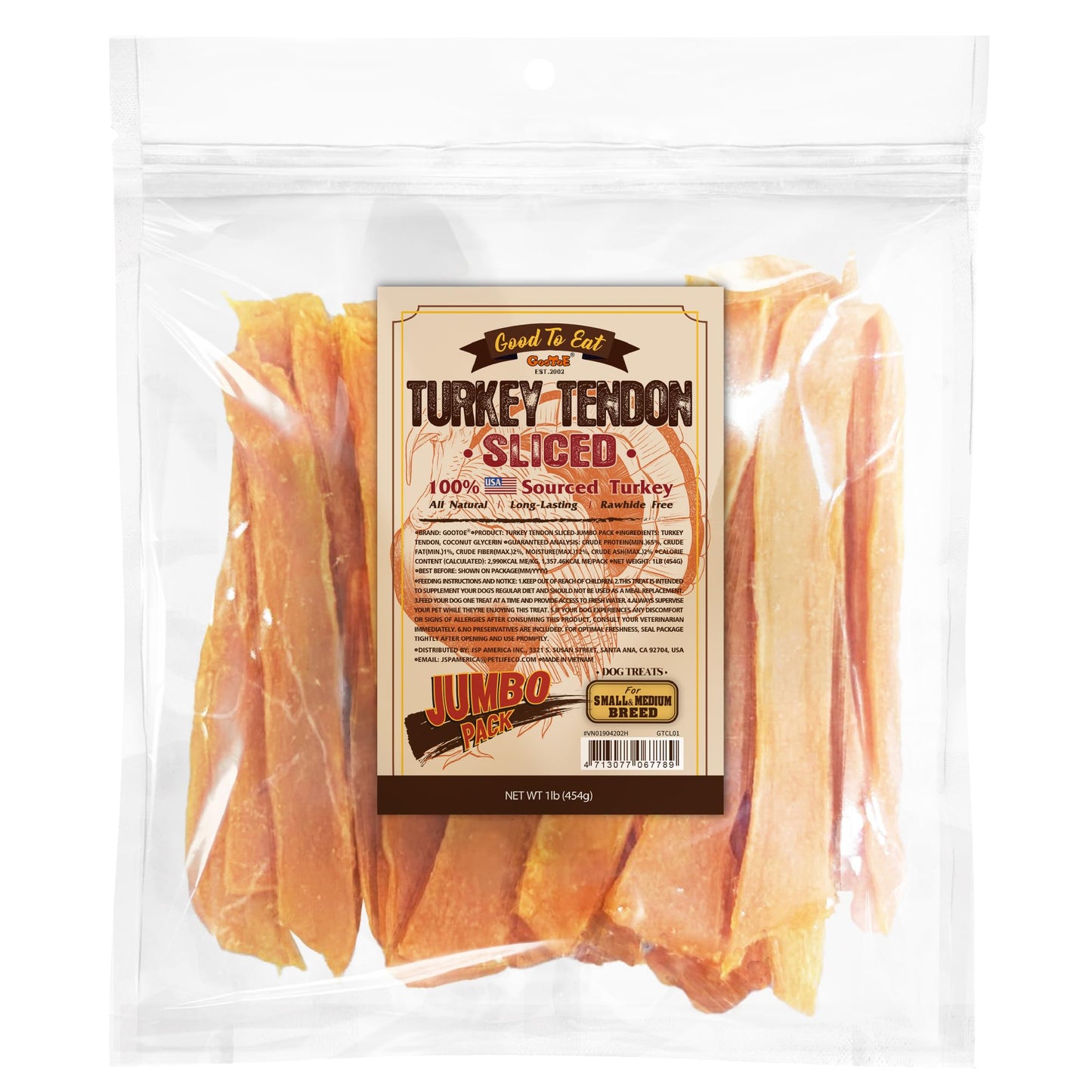 Gootoe Turkey Tendon Dog Treats 1 lb (Pack of 1) – 7 Inch Slice, 100% USA Sourced Turkey, Natural Snack, Premium Puppy Chews, Hypoallergenic, Rawhide Free, Reseal Value Bag, Size for Medium Breeds