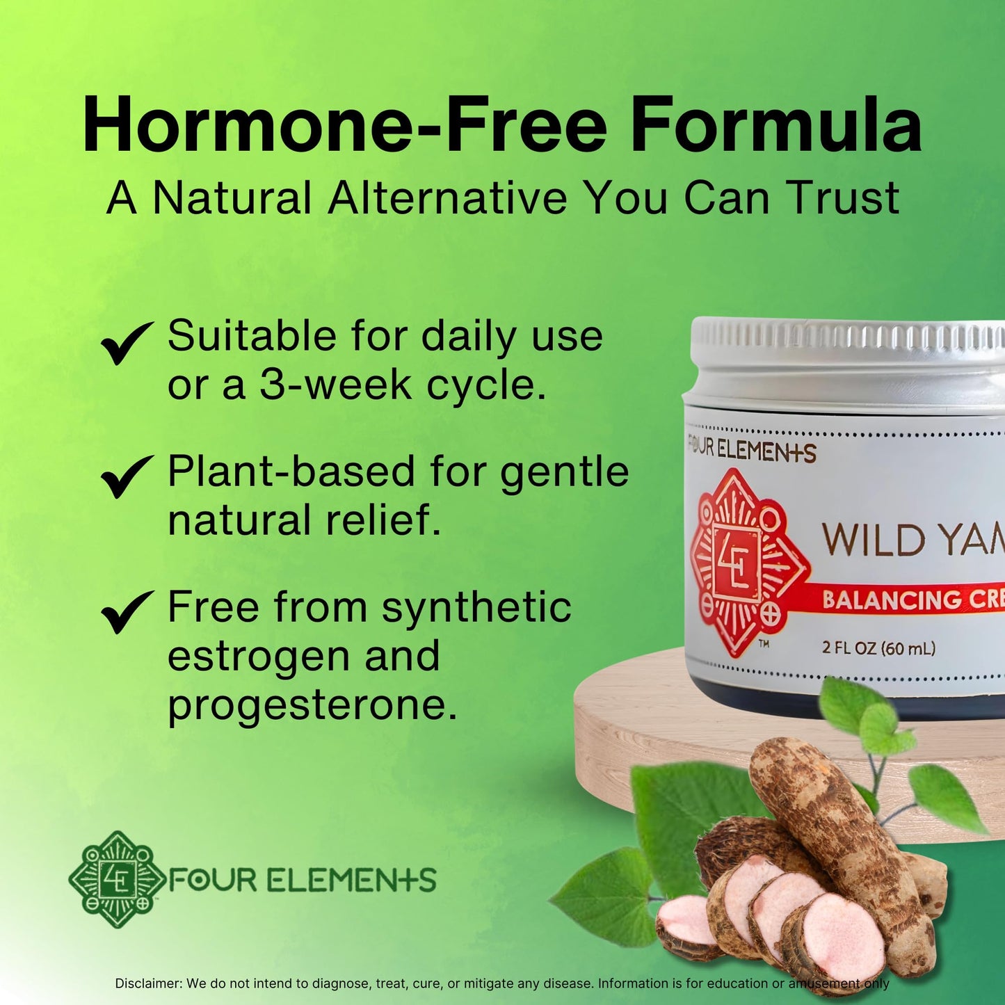Wild Yam Cream for Hormone Support 2 Oz | Four Elements 4E Organic Wild Yam Balancing Cream for Women | Menopause & PMS Support - Estrogen & Progesterone Free | Proudly Farmed, Crafted & Made in USA