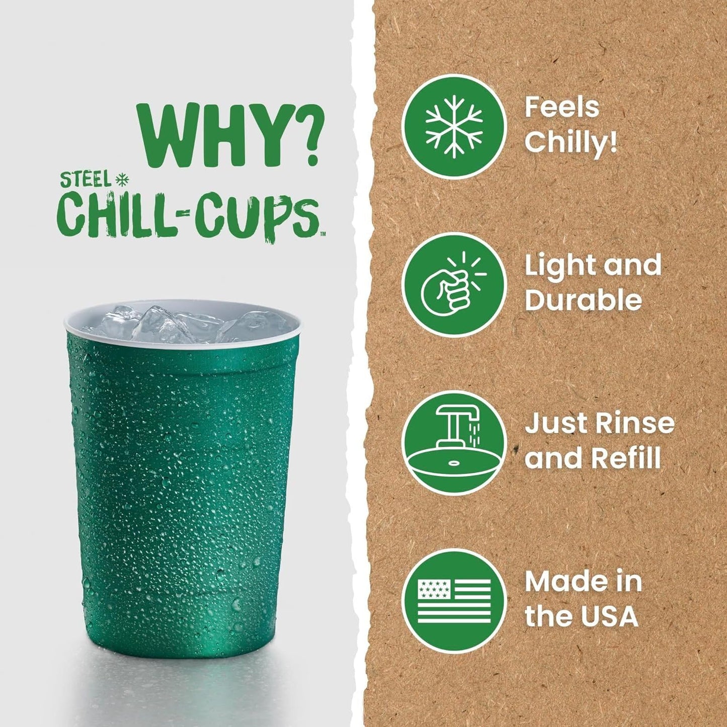 Steel Chill Cups 16 oz. Party Cups, Perfect for Cold Drinks, Sturdy & Durable, Disposable and 100% Recyclable, Made in USA