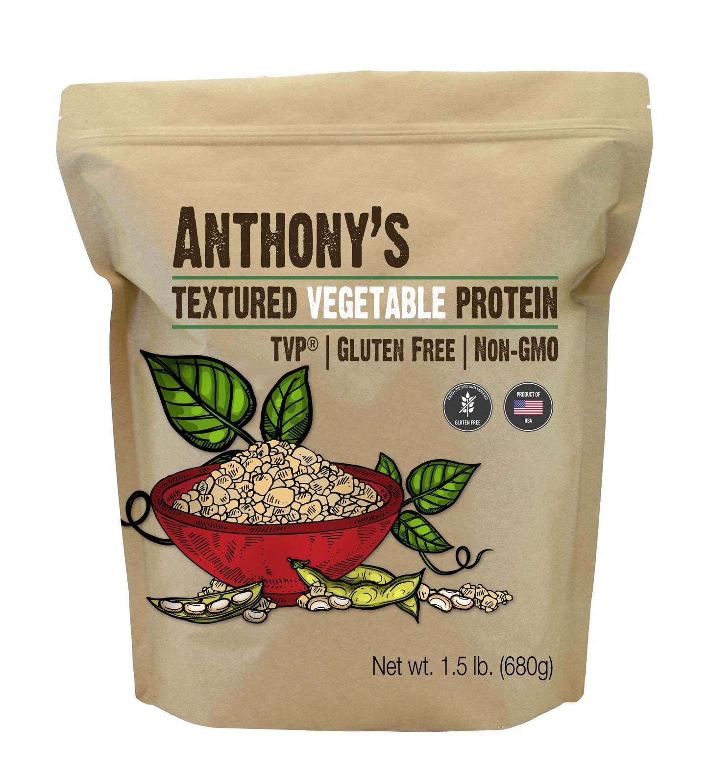 Anthony's Textured Vegetable Protein, TVP, 1.5 lb, Gluten Free, Vegan, Made in USA, Unflavored