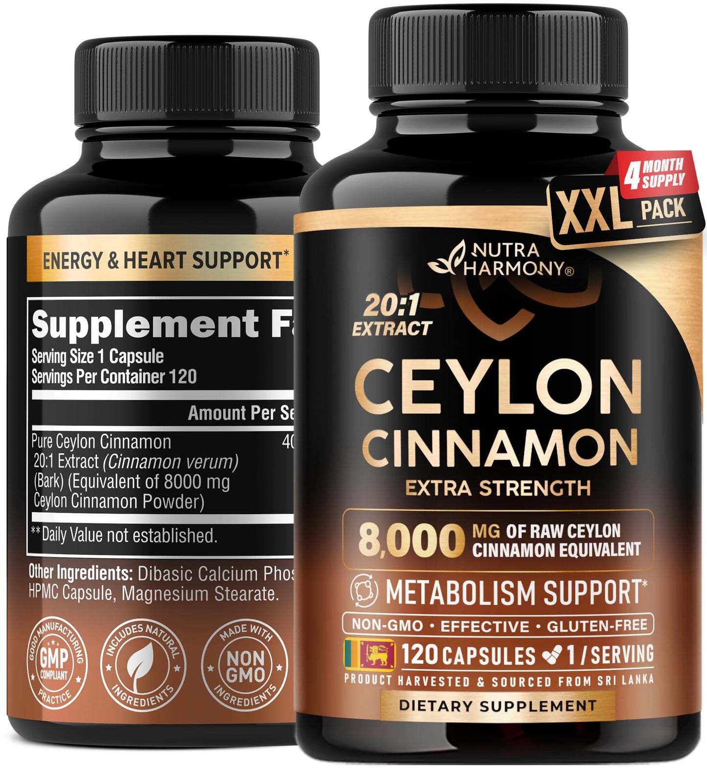 Ceylon Cinnamon Capsules - Extra Strength - Energy, Heart & Metabolism Support - for Men & Women - Pure Natural Extract 20:1 Supplement - Made in USA - GMO & Gluten Free, 120 Capsules, 4 Month Supply