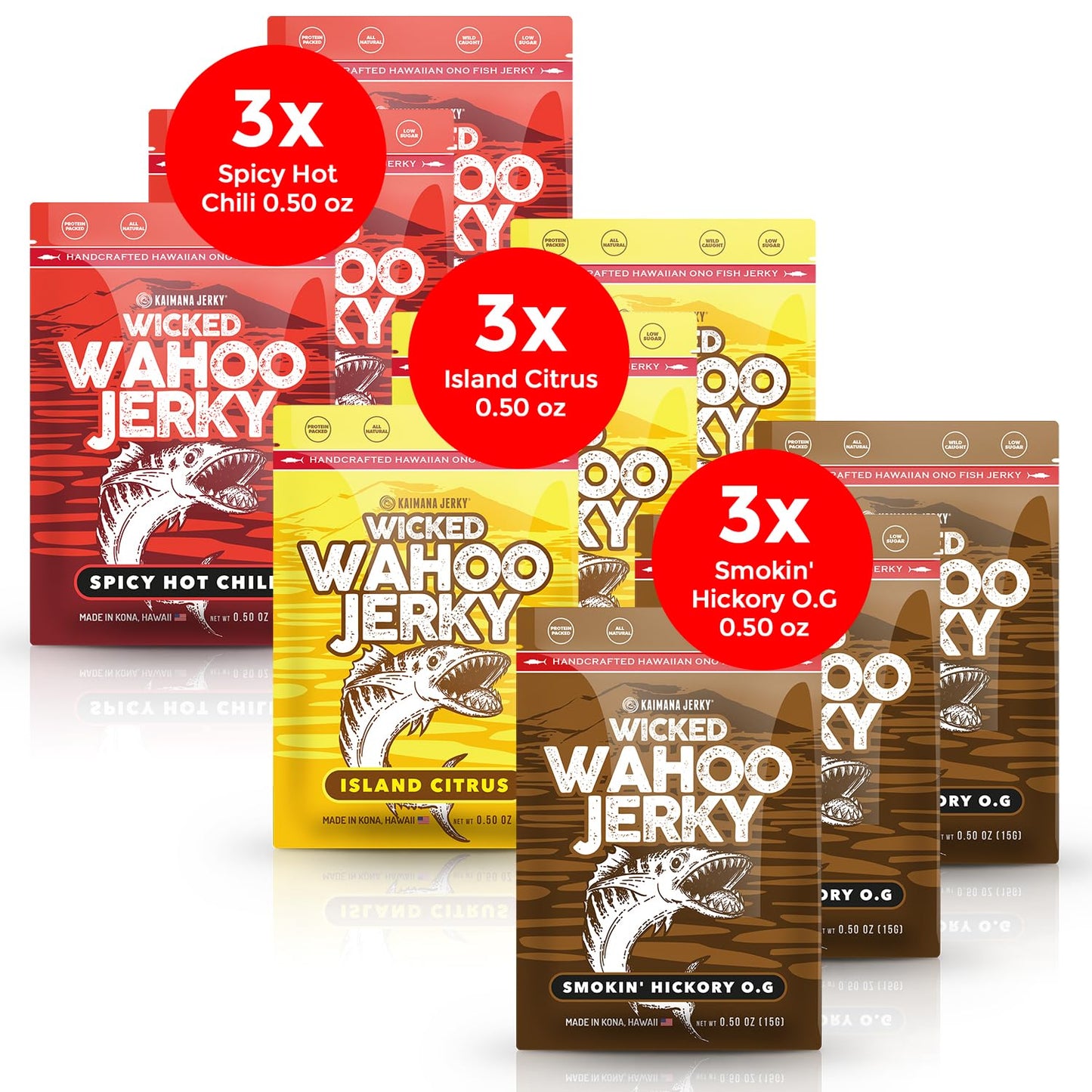 Wahoo Ono Fish Jerky Variety Sampler- Smokin' Hickory O.G, Island Citrus & Spicy Chili - Organic, Gourmet Smoked Fish Strips, Rich in Omega-3 & Protein, Low-Calorie, Low Sodium & Sugar- 9 Pack (0.5oz)
