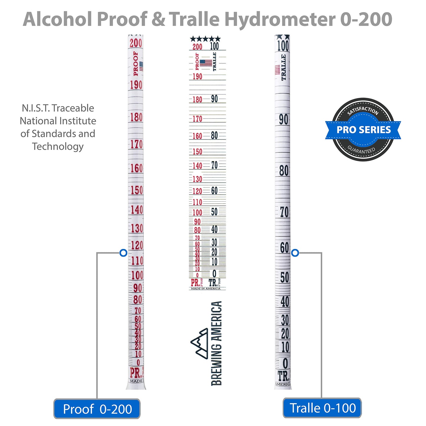 USA-Made Alcohol Hydrometer Tester 0-200 Proof & Tralle Pro Series Traceable - Distilling Moonshine Alcoholmeter for Proofing Distilled Spirits