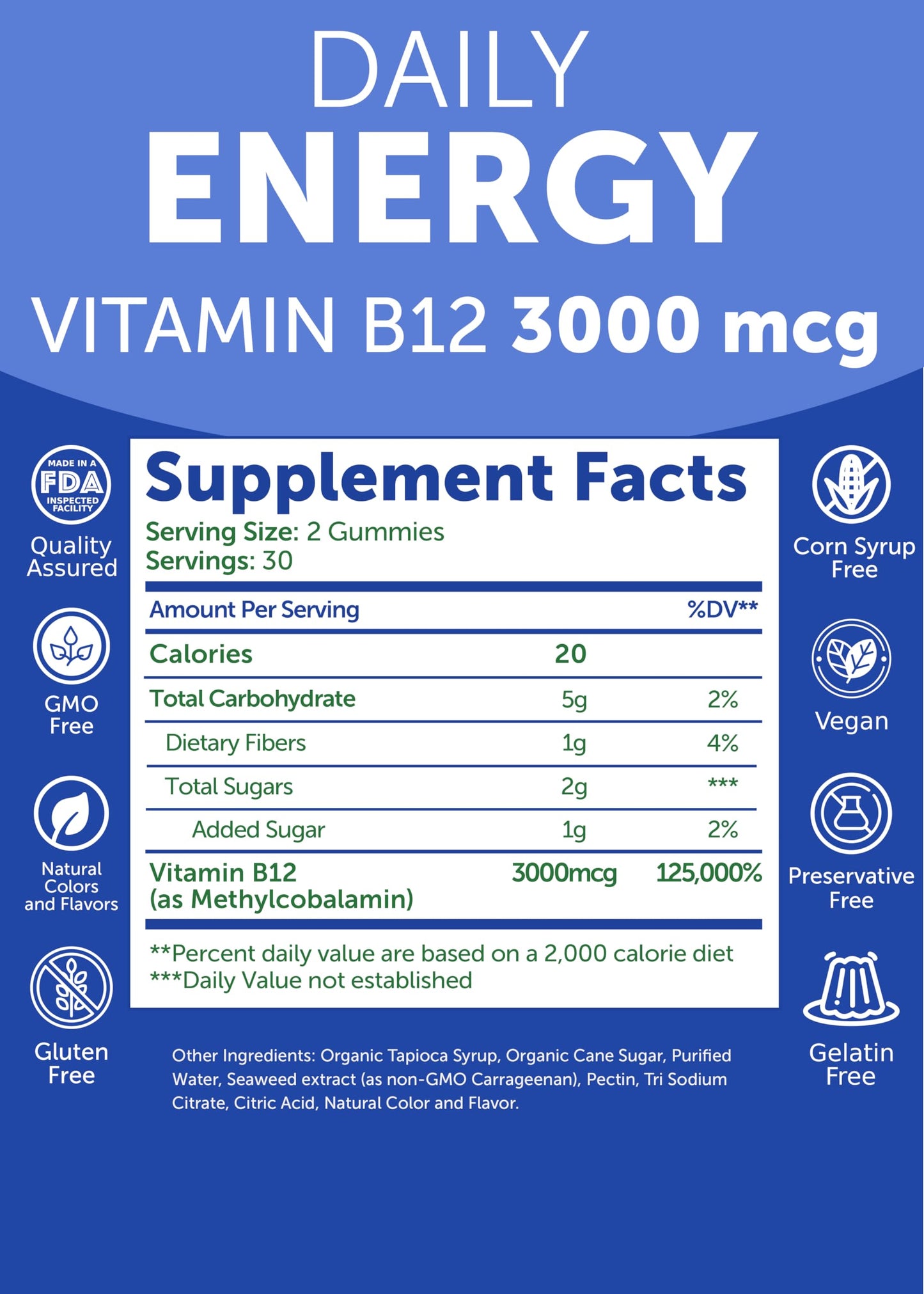 Lunakai Energy Gummies – USA Made Natural Energy Supplements – Vegan Vitamin B12 Gummies for Women & Men – Delicious Methyl B12 3000 mcg, 60ct