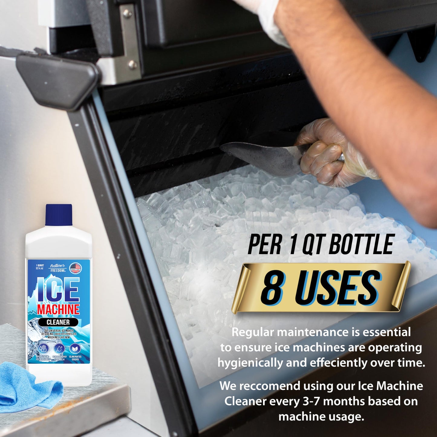 Nature's Freedom Ice Machine Cleaner - Quart (8 Uses) - Nickel-Safe Descaler, Made in USA, Universal Compatibility for Commercial/Residential Ice Makers such as Whirlpool, Scotsman and All