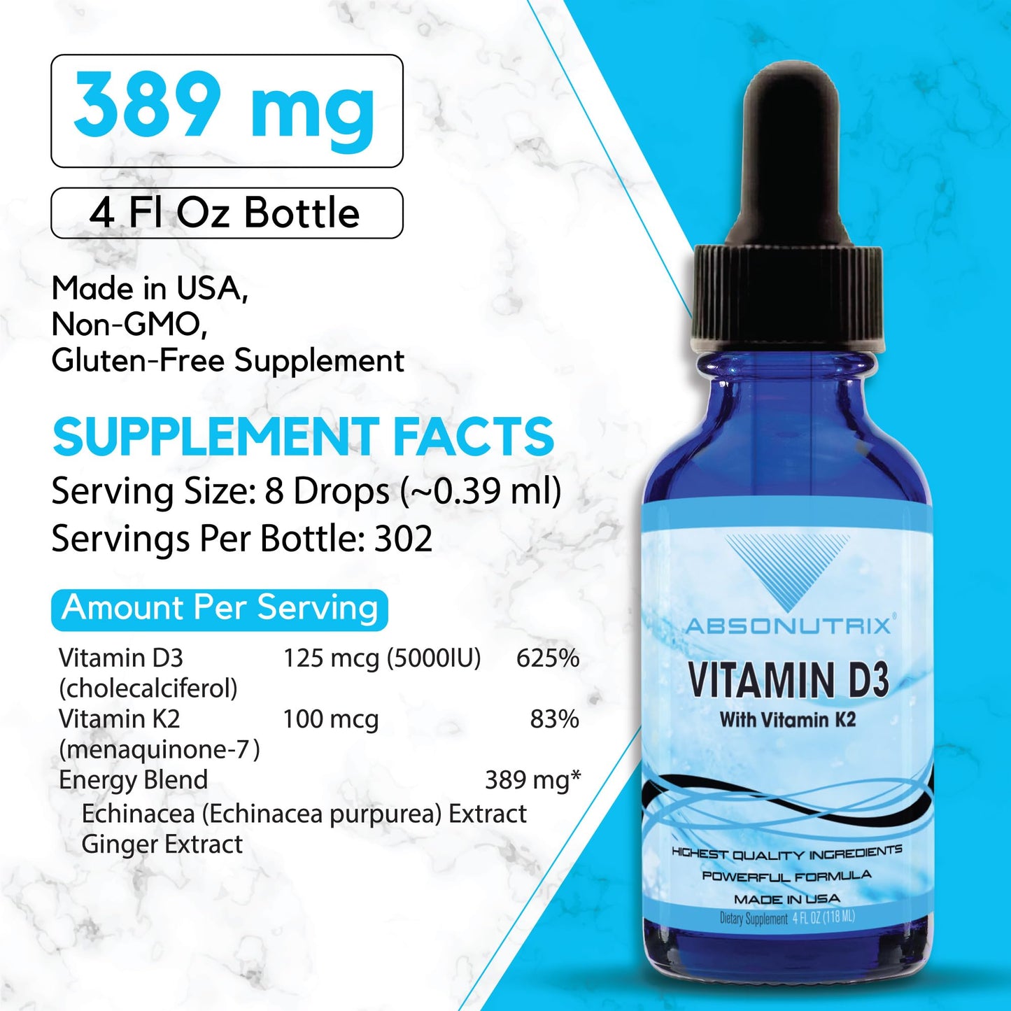Absonutrix Vitamin D3 K2 Drops, 390mg, 4 Oz Liquid, 302 Servings, Made in USA, Quick Absorption, Quality Potent Ingredients, Non-GMO, GMP Certified, Cruelty-Free Products, Bone Strength Supplements