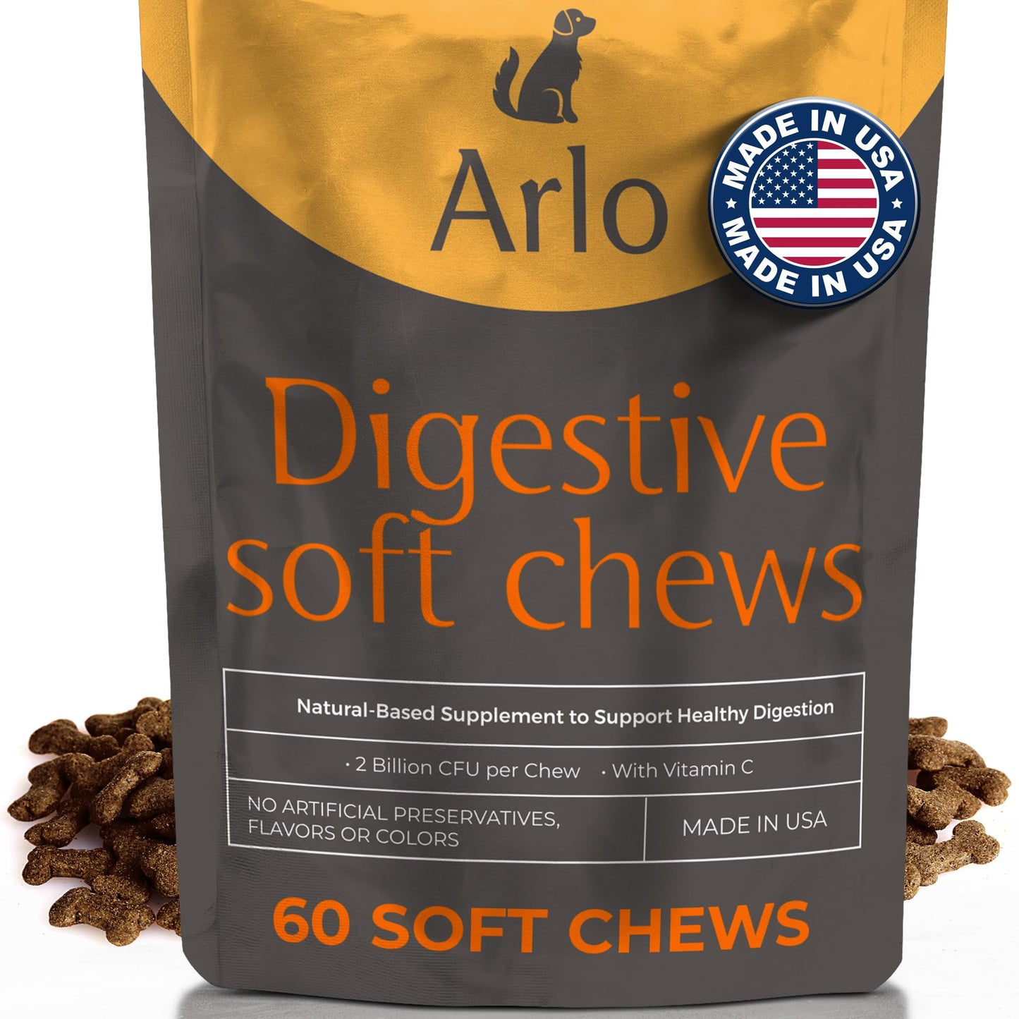 Arlo Pet Supplies Pre and Probiotics for Dogs & Puppies, Digestive Supplement, 60 Soft Chews, 2 Billion CFUs, Vitamin C, Supports Healthy Digestion, Helps Reduce Gas, Bloating, Irregularity