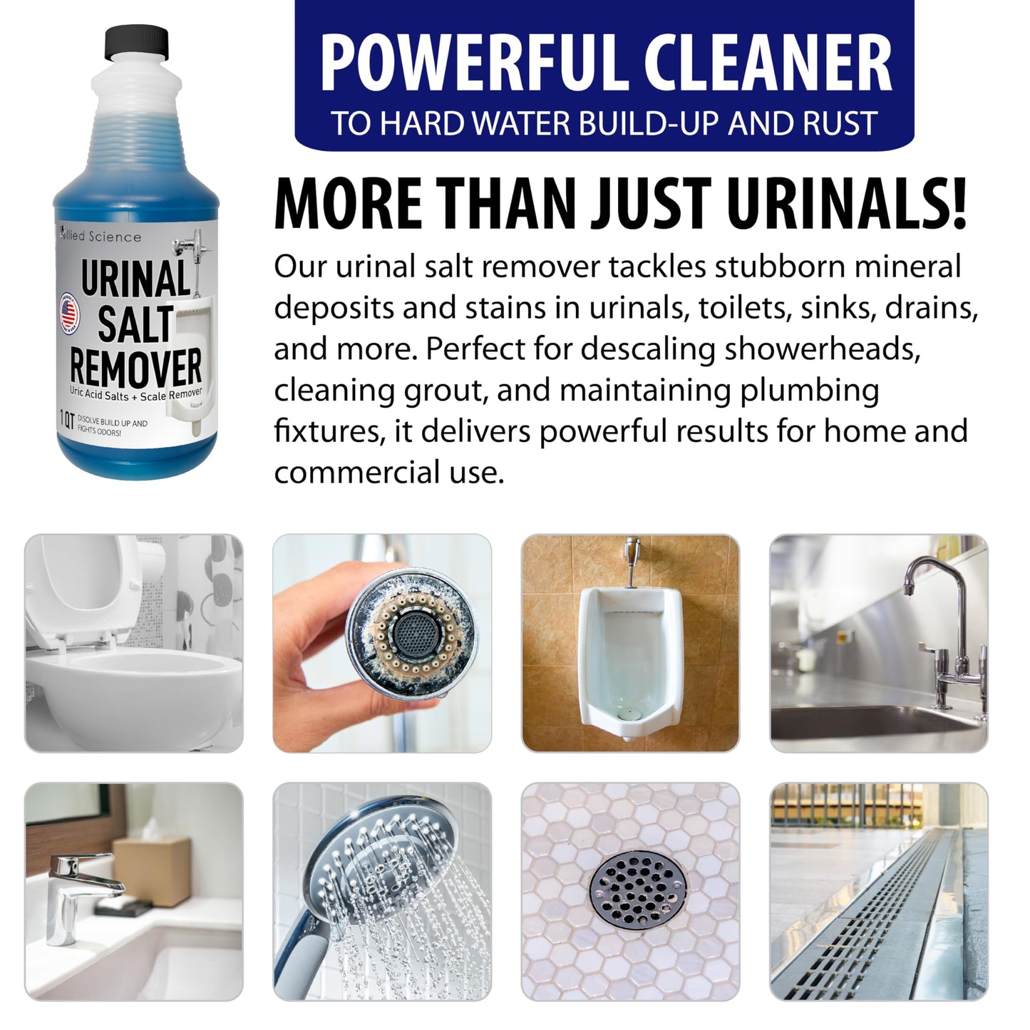 Allied Science Urinal Salt, Calcium and Mineral Scale Remover - Eliminates Urine Odor, Destroys Uric Acid Salt, Deposit Buildup