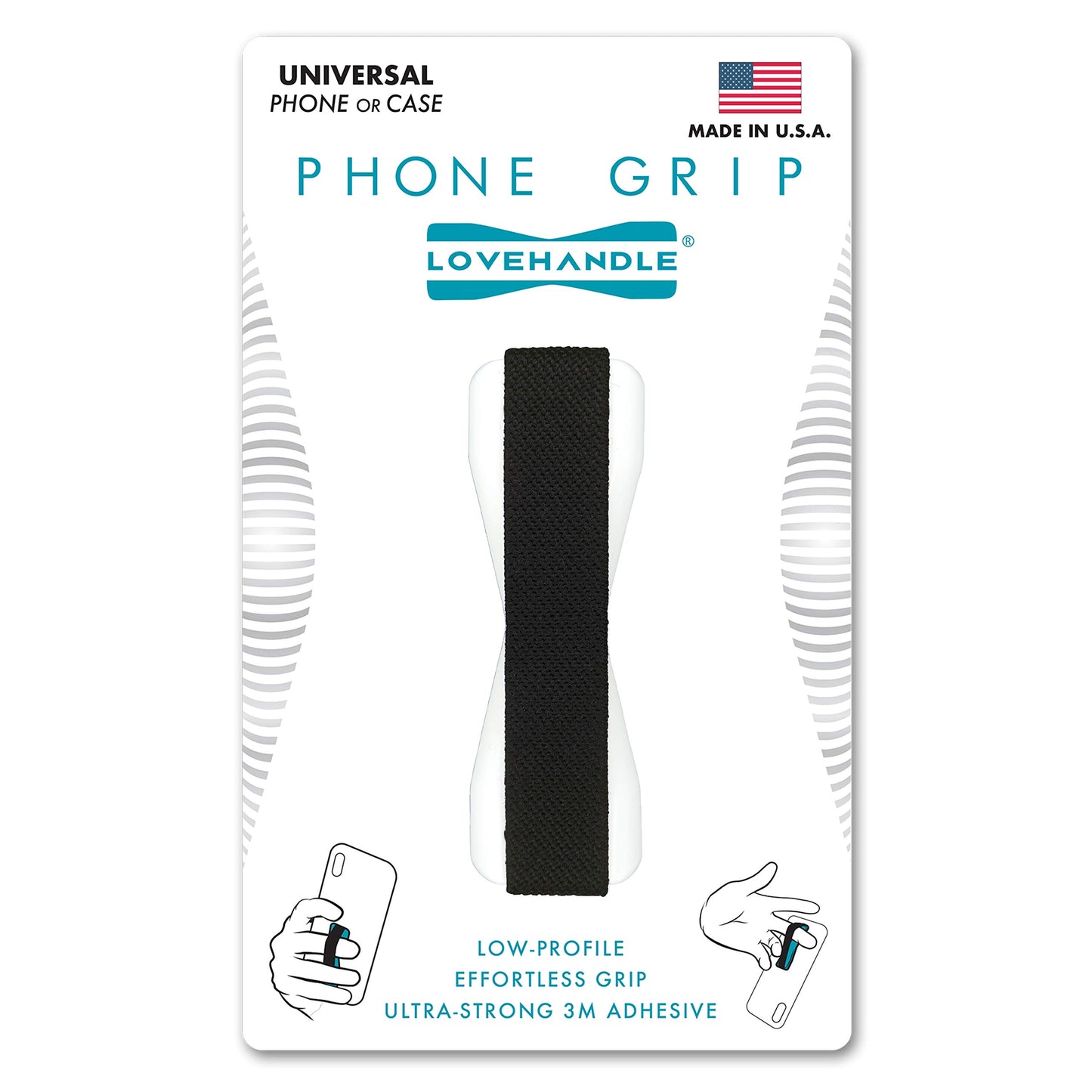 LOVEHANDLE Universal Phone Grip for Smartphones & Mini Tablets - Phone Holder for Hand - Wireless Charging Compatible - Made in The USA - Black Elastic Strap with White Base