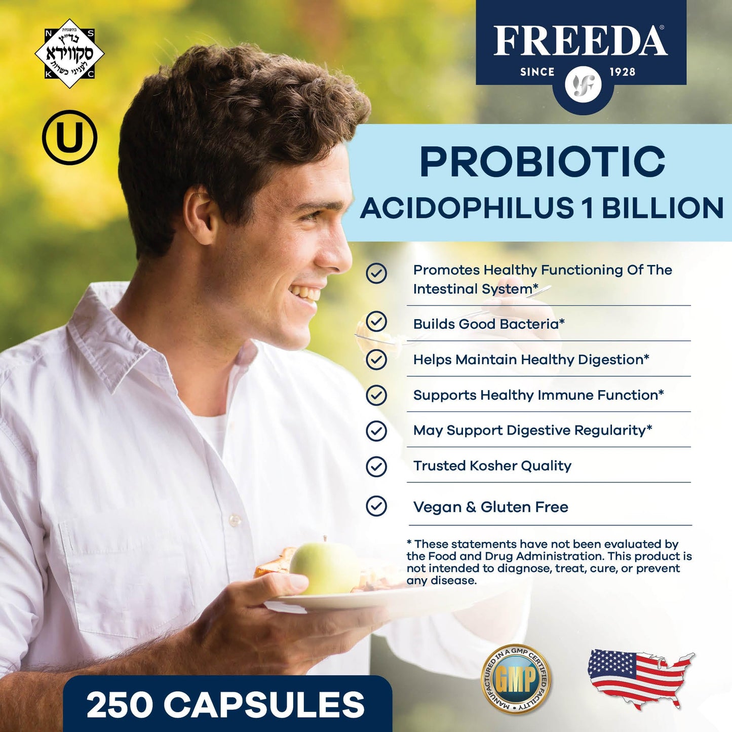 FREEDA Acidophilus Probiotic 1 Billion CFU – Lactobacillus Acidophilus with Organic Inulin & Blue Agave – Digestive Health, Regularity & Immune Support – Vegan, Kosher, Non-GMO (100 Capsules)