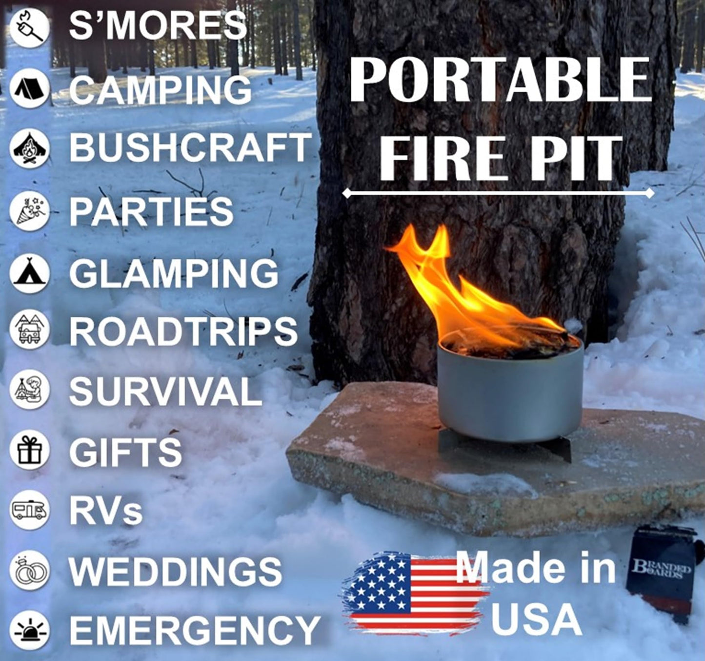 Branded Boards | Made in USA | Portable Mini Bonfire Campfire in a Can | Reusable & up to 5 Hours of Burn Time | Picnics Parties S'Mores Gifts Bushcraft Camping Survival Emergencies (Large 4-Pack)