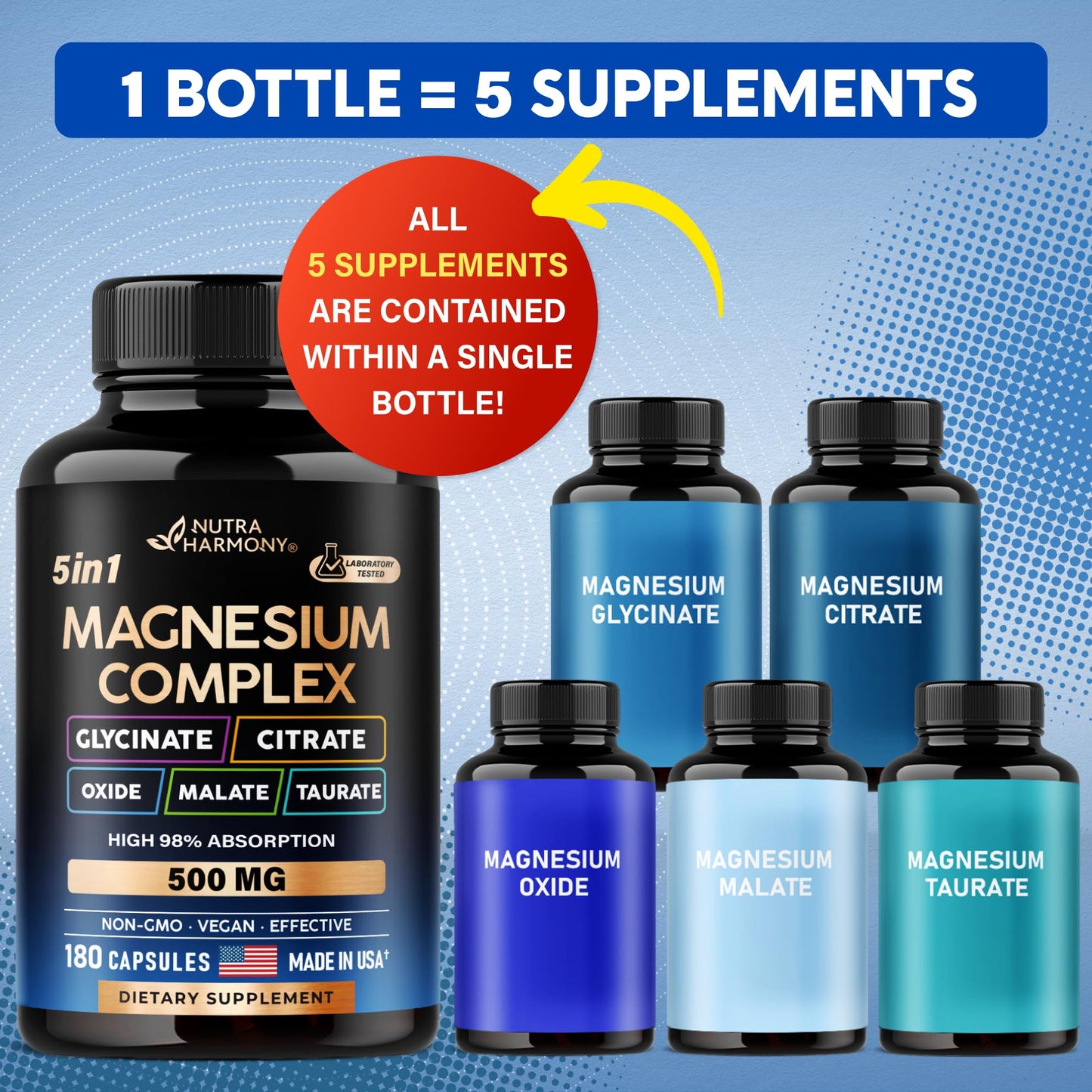 Magnesium Supplement - 5 in 1 Complex | Glycinate | Citrate | Malate | Taurate | Oxide - Made in USA - Stress, Muscle & Heart Support - Vegan, Natural, Non-GMO - 180 Capsules, 2 Month Supply