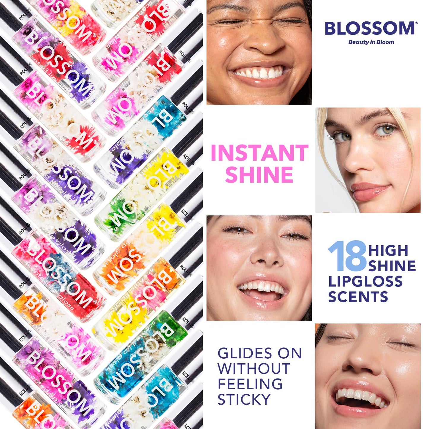 Blossom Roll on Lip Gloss, Scented Clear High Shine Moisturizing Lip Oil, Non Sticky, Infused with Real Flowers, Made in USA, 0.2oz, Strawberry/Banana