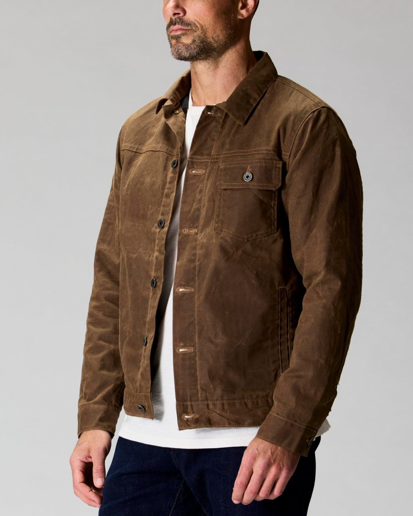 Huckberry Flint and Tinder Men's Flannel-Lined Waxed Trucker Jacket, Water & Weather Resistant Mens Jacket, Havana