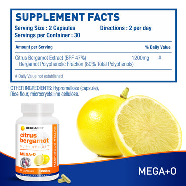 BergaMet Citrus Bergamot Supplement, 170:1 Extract, 1200mg per Serving, 80% Polyphenols, Italian Citrus Bergamot Supplement for High Cholesterol, Made in The USA