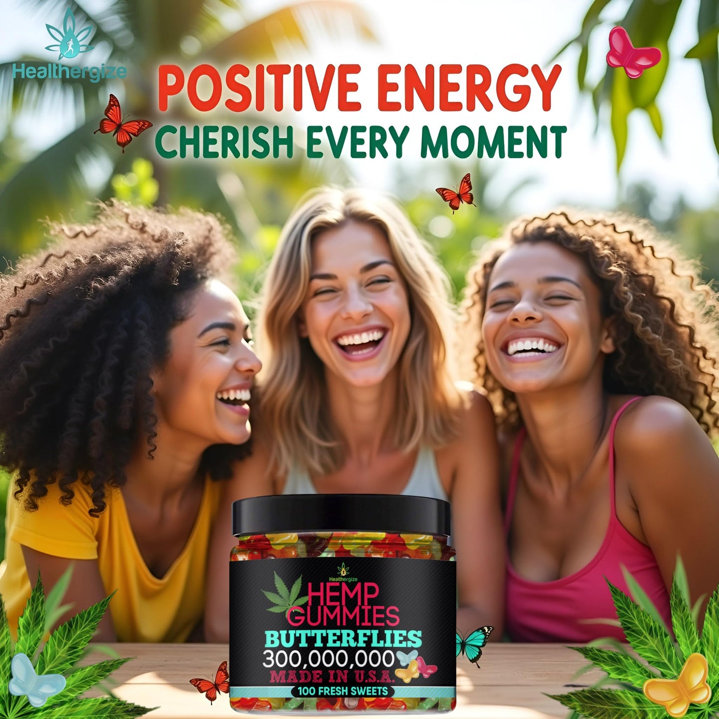 Healthergize Hemp Gummies Premium-Delicious Butterflies Gummy Bear Edibles-Fresh Fruity Flavors-Natural Candy Peace and Relaxation-for Sleep, Calm, Relax-Made in USA-100 Count