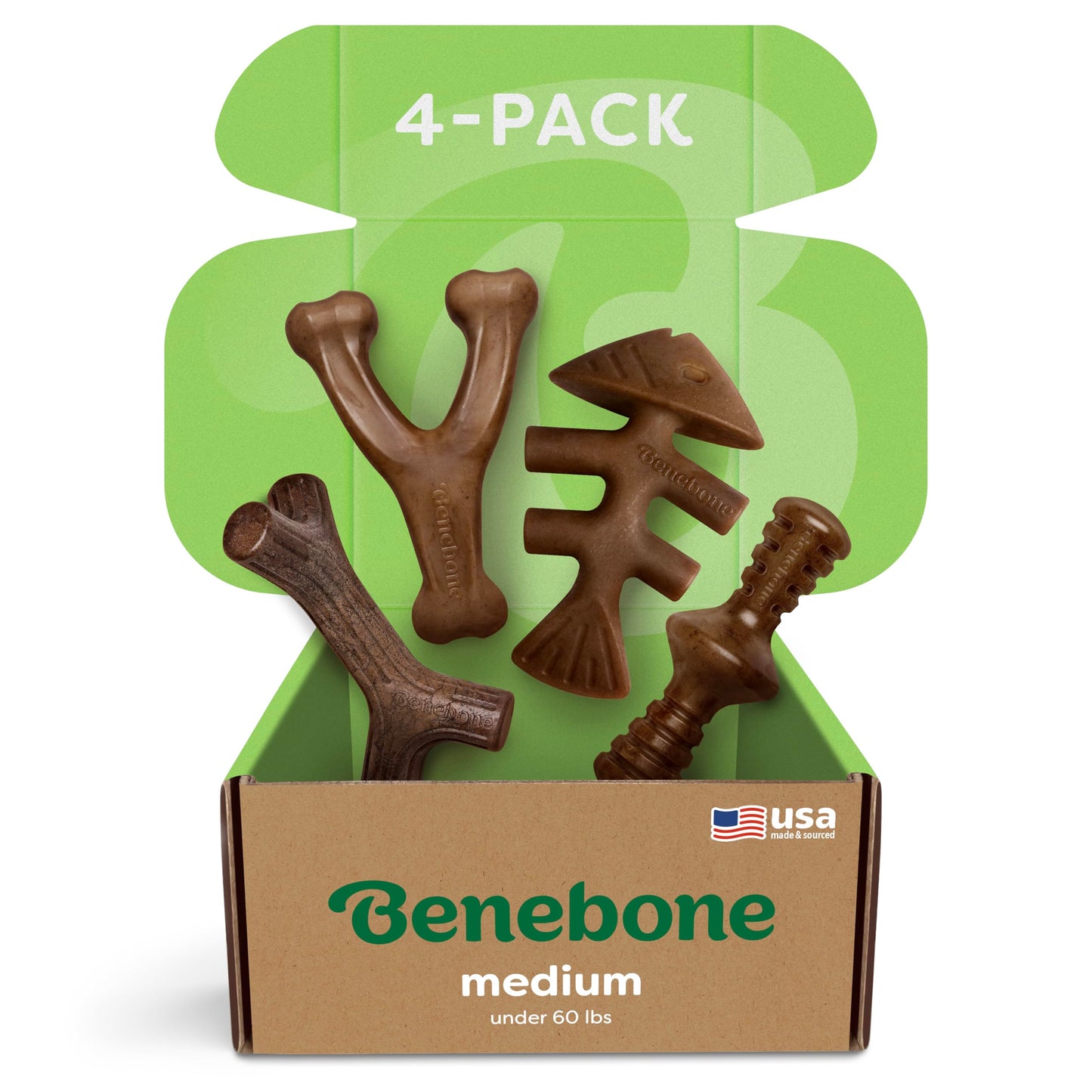 Benebone Medium 4-Pack Dog Chew Toys for Aggressive Chewers, Made in USA