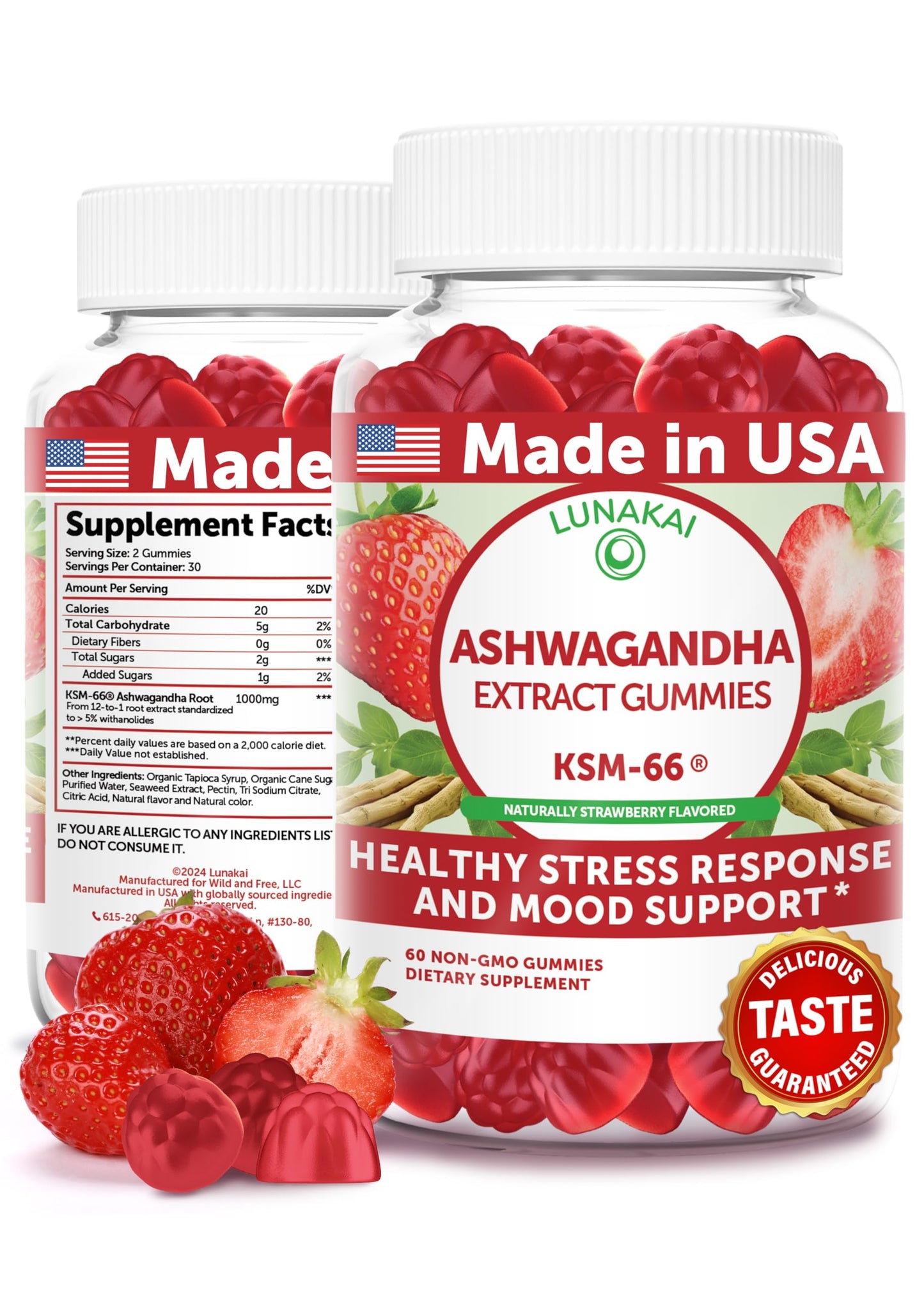 Lunakai USA Made KSM-66 Ashwagandha Gummies for Women & Men – Non-GMO Stress, Mood & Sleep Support Supplement, 60ct