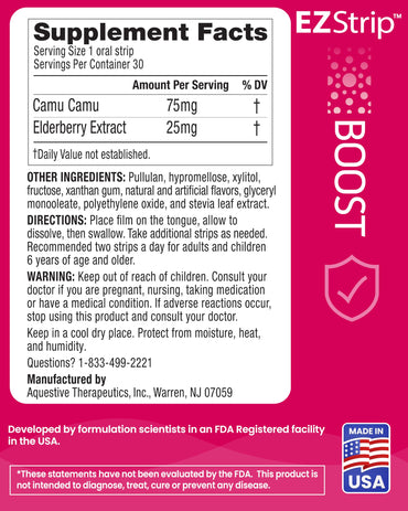 EZStrip Boost Immune Support Supplement - Mixed Berry Flavor, 30 Count - Dissolving Strips with Camu Camu and Elderberry to Help Support Immune Health - Made in The USA, Sugar and Gluten-Free