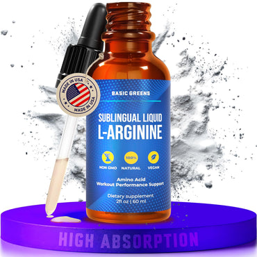BASIC GREENS L-Arginine Liquid Nitric Oxide Supplement for Men and Women – Non-GMO Vegan for Circulation, Endurance, Energy, Stamina, Performance and Workout – 2 fl oz