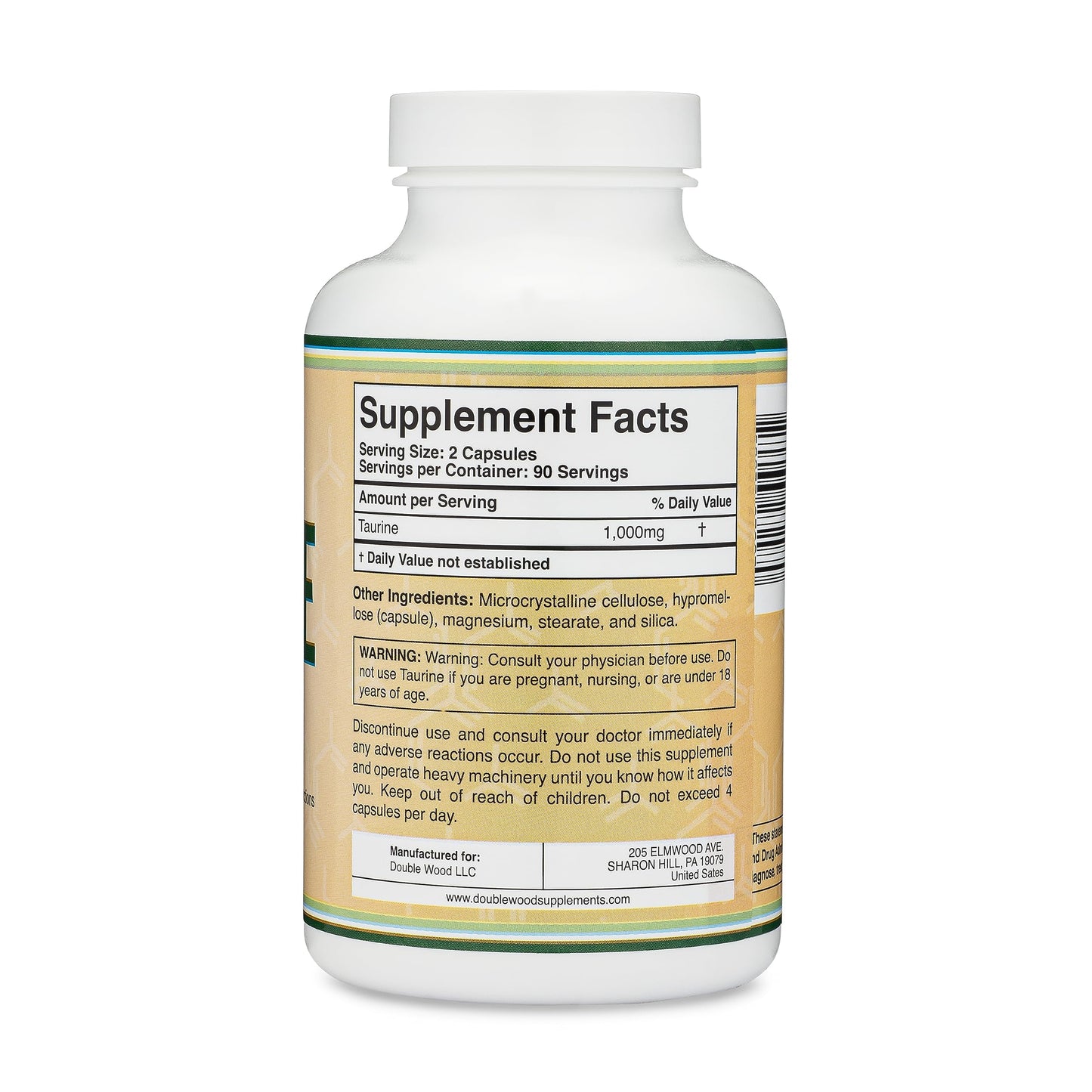 Taurine Supplement 1000mg Per Serving, 180 Capsules - Amino Acid Studied to Support a Longer, Healthier Life (Taurina) Vegan Safe, Gluten Free, Non-GMO by Double Wood