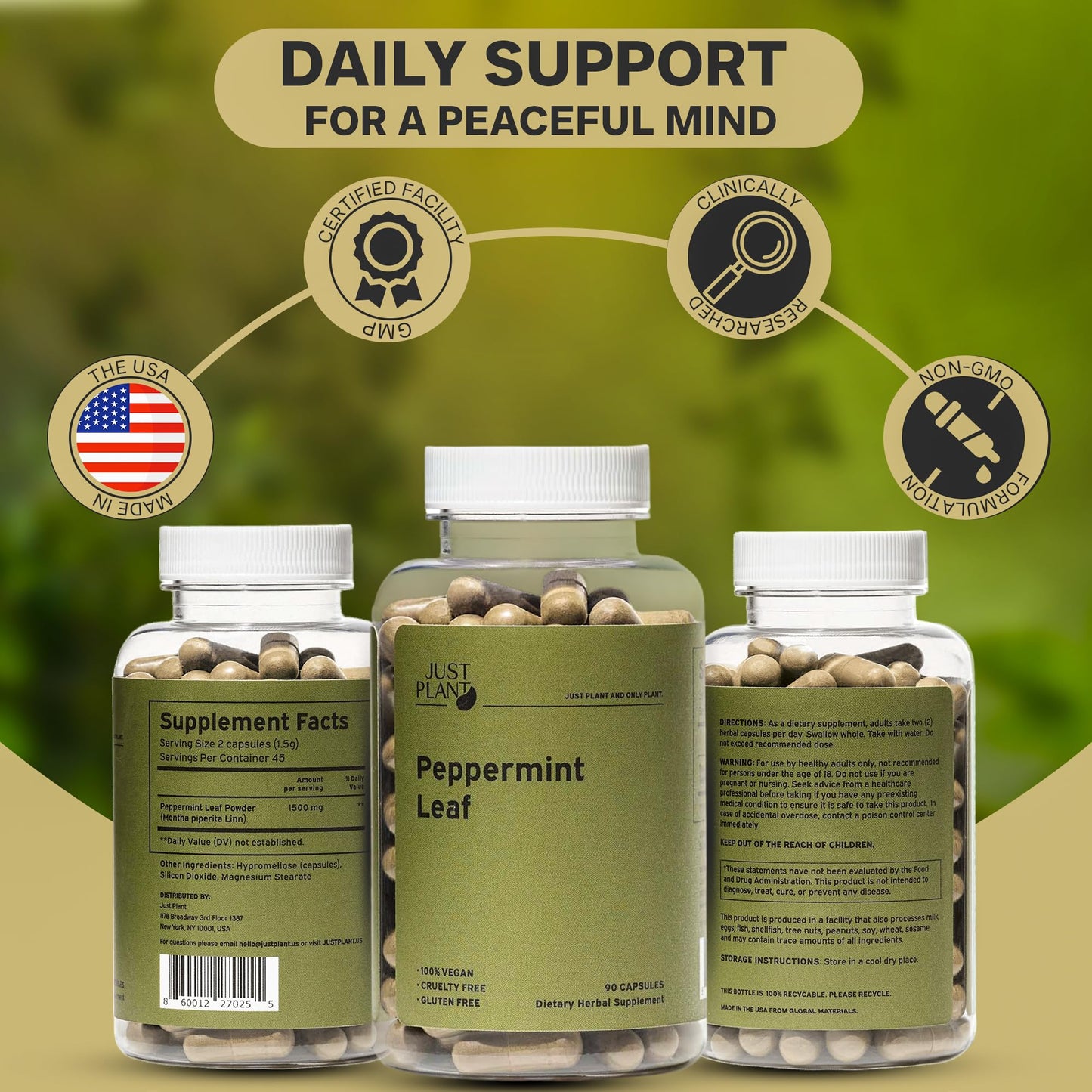 Vegan Peppermint Leaf Capsules 750mg, 90 Vegan Capsules | Gentle Digestive & Breath Support | Herbal Supplement | Organic, Gluten-Free
