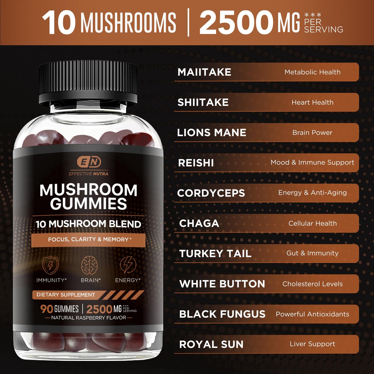 EFFECTIVE NUTRA Mushroom Gummies 2500mg | 10 Blend w/Lions Mane, Reishi, Chaga, Cordyceps & More | Focus, Memory, Immunity, Energy | Natural Berry Flavor Supplement | Vegan, Made in USA (90ct)