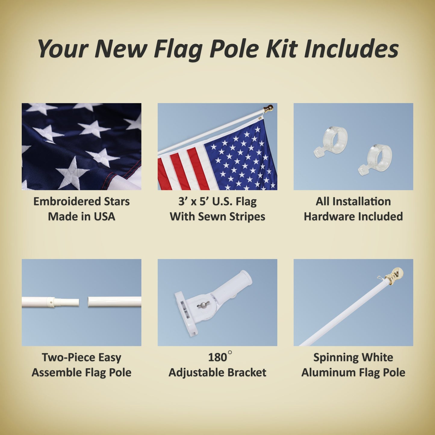 ALLIED FLAG American Flag and Pole Set - 3x5 US Flag and 5' Spinning Flag Pole, Durable for Outdoors - Made in USA