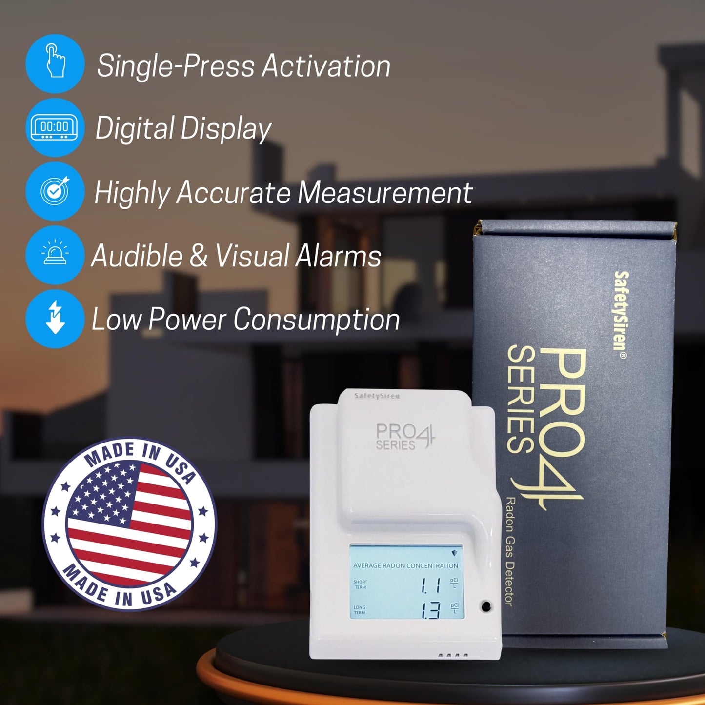Safety Siren Pro4 Radon Detector – Continuous Radon Gas Monitoring for Home, Basement, Garage, Office & Commercial Use | Short & Long-Term Radon Detection | Made in USA, Since 1993