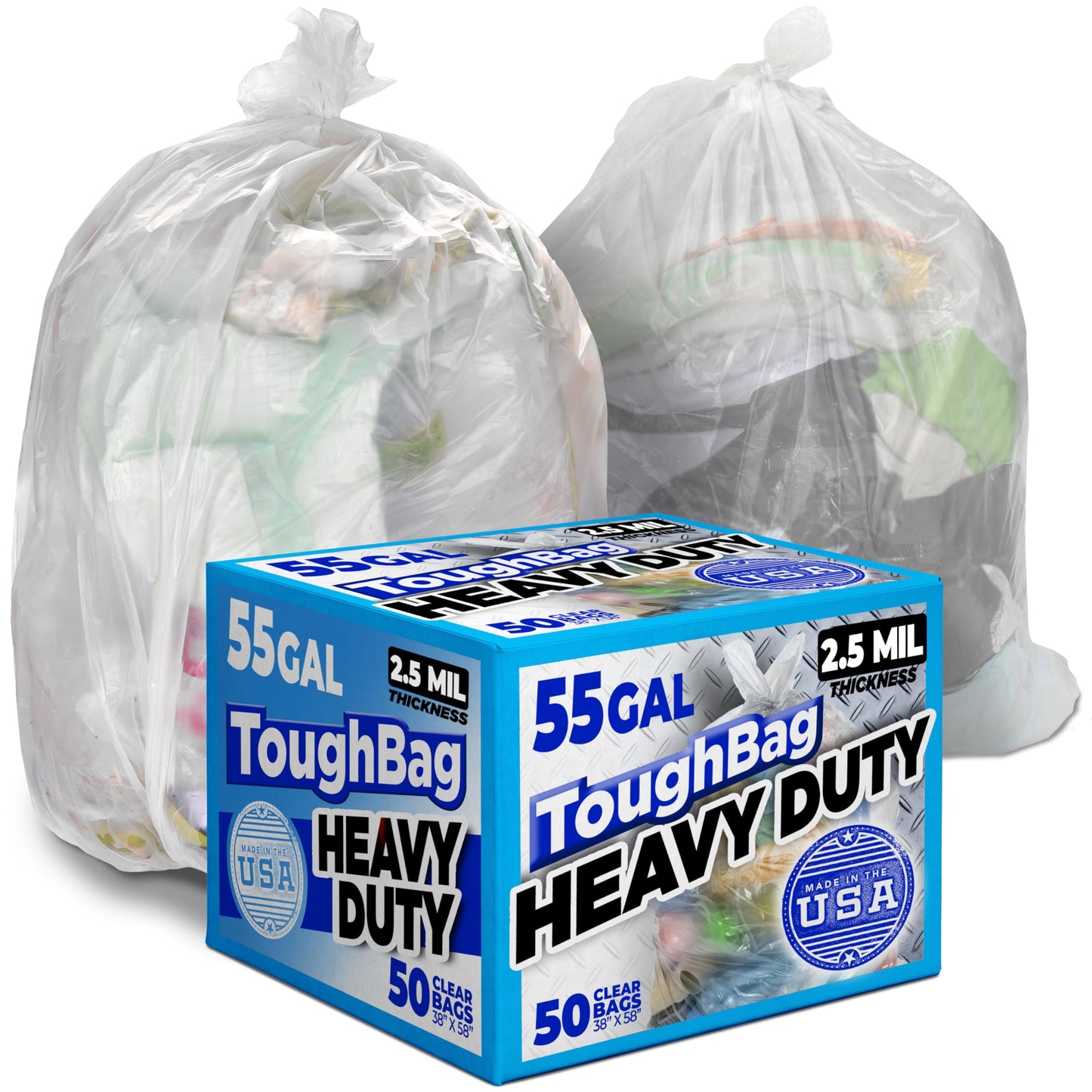 ToughBag Contractor Trash Bags 55-60 Gallon, Heavy Duty, 2.5 Mil Clear Garbage Bags, Tear-Resistant Large Trash Bags for Construction, Recycling & Home (50 Count) - Made in USA