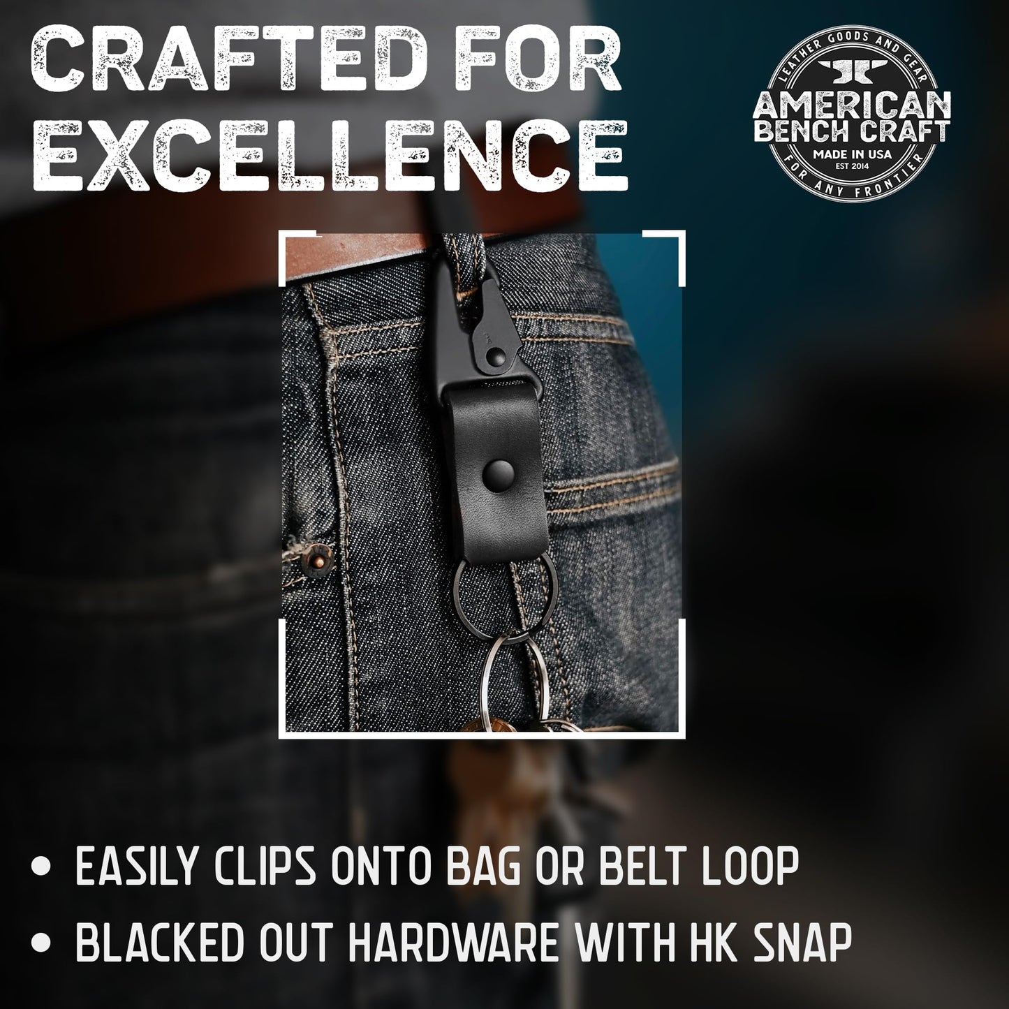 American Bench Craft Clip On Tactical Keychain | Full Grain Leather Keychain for Men | Car Keychain Made in USA | Key Fob Keychain with HK Snap & Durable Riveted Construction for Everyday Use