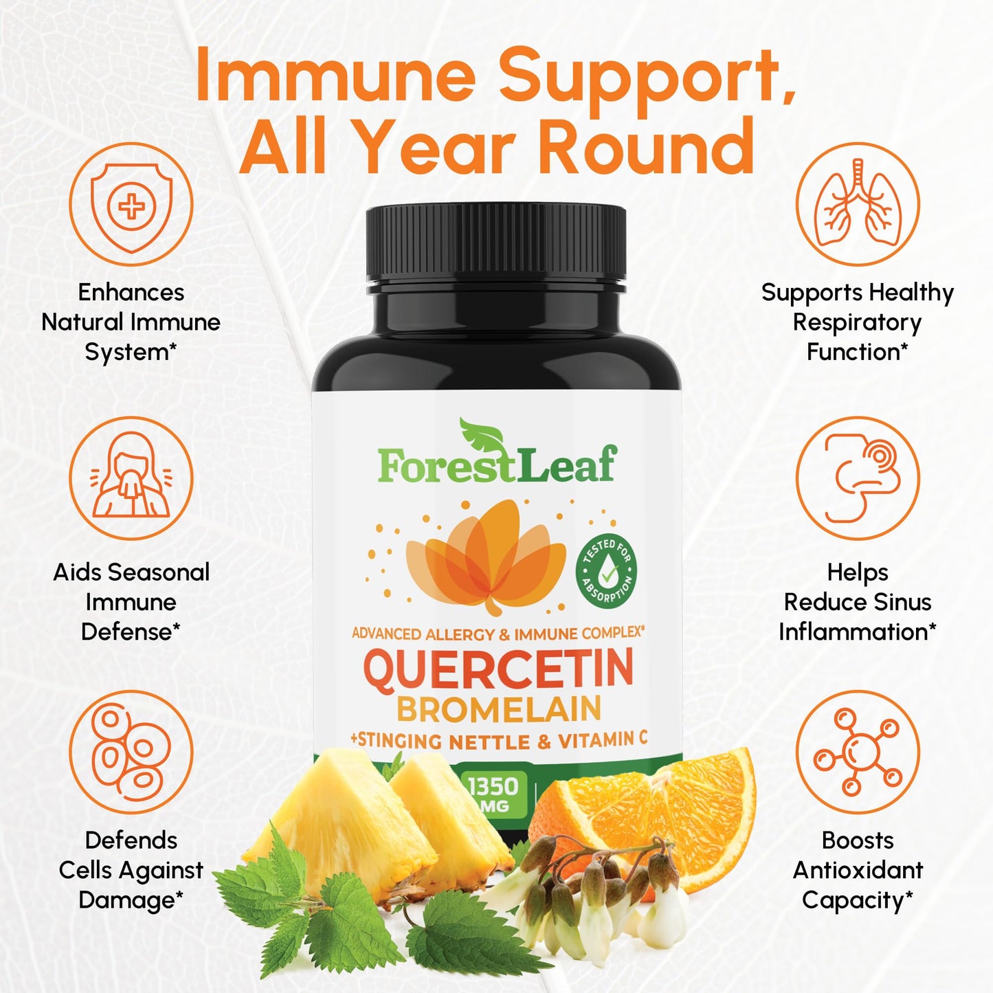 ForestLeaf Quercetin with Bromelain 1350mg - Blend with Vitamin C & Stinging Nettle Supplement, Quercetin 500mg Capsules, Non-GMO Gluten Free, Natural Immune & Respiratory Function, 90 Veggie Caps