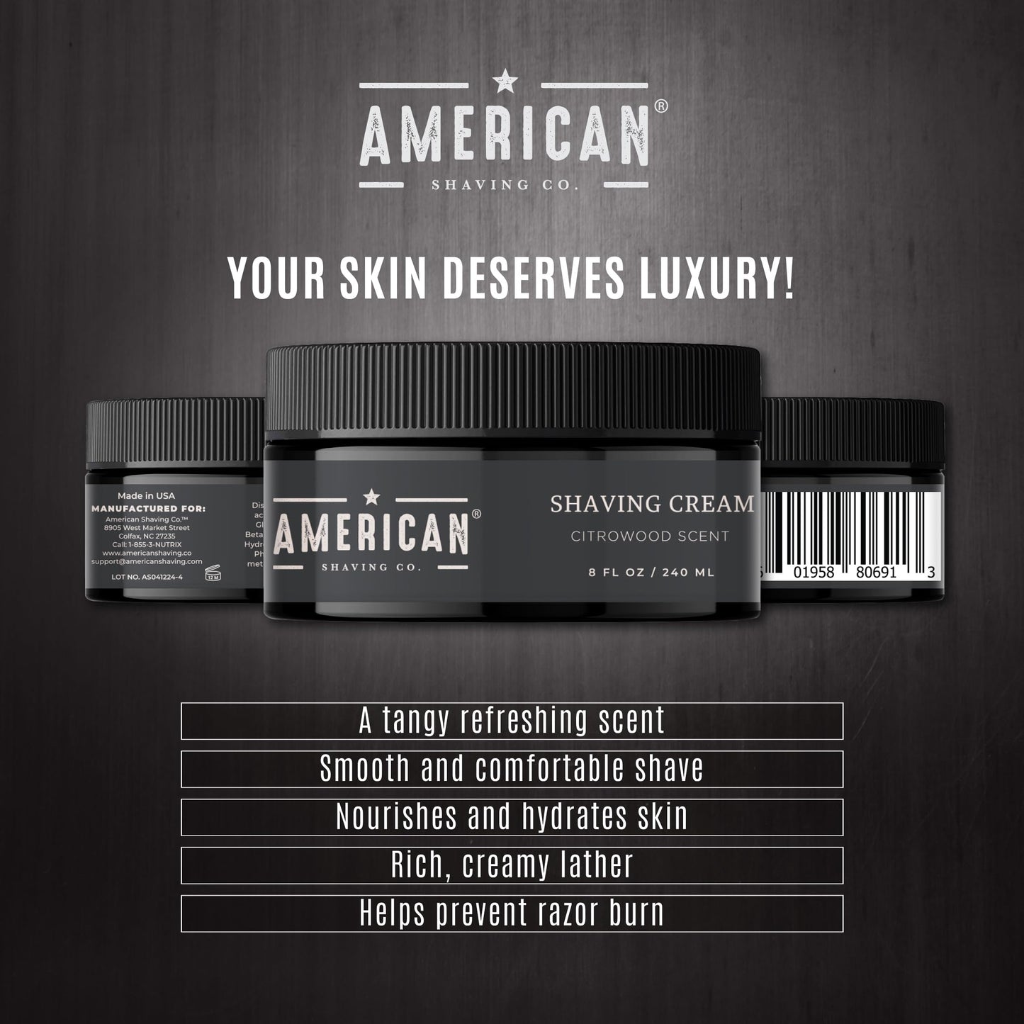 American Shaving Co. Citrowood Shaving Cream For Men 8 oz, Made in USA, Easy Application, Quality Potent Ingredients, Non-GMO, GMP Certified, Cruelty-Free Products