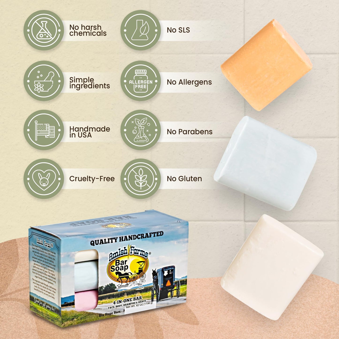 Amish Farms Bar Soap w/All Natural Bentonite Clay (6 Bars) Made in USA, Vegan Moisturizing for Sensitive Skin | Women & Mens Face & Body Bar Bath Soap for Shower | Clean Scent | 5 Ounce Each