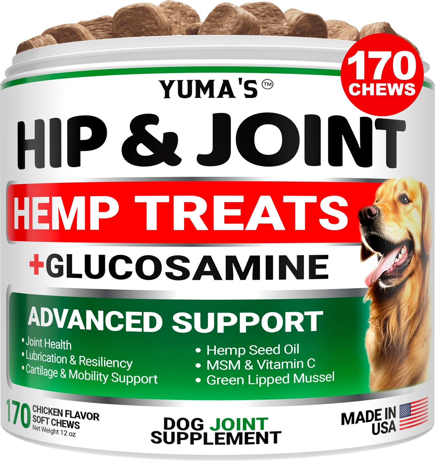 YUMA'S Hemp Hip and Joint Supplement for Dogs - Glucosamine for Dogs - Joint Pain Relief Chews - Chondroitin, MSM - Hemp Oil - Advanced Canine Health Supplement - Mobility Support Treats