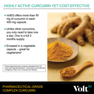 Volt03 Organic Turmeric Curcumin Capsules, 400mg Complex Curcurmin - Pharmaceutical-Grade Curcumin Supplement for Joint Health, Immune Support, & Healthy Inflammation Response, 60-day (2 month) supply