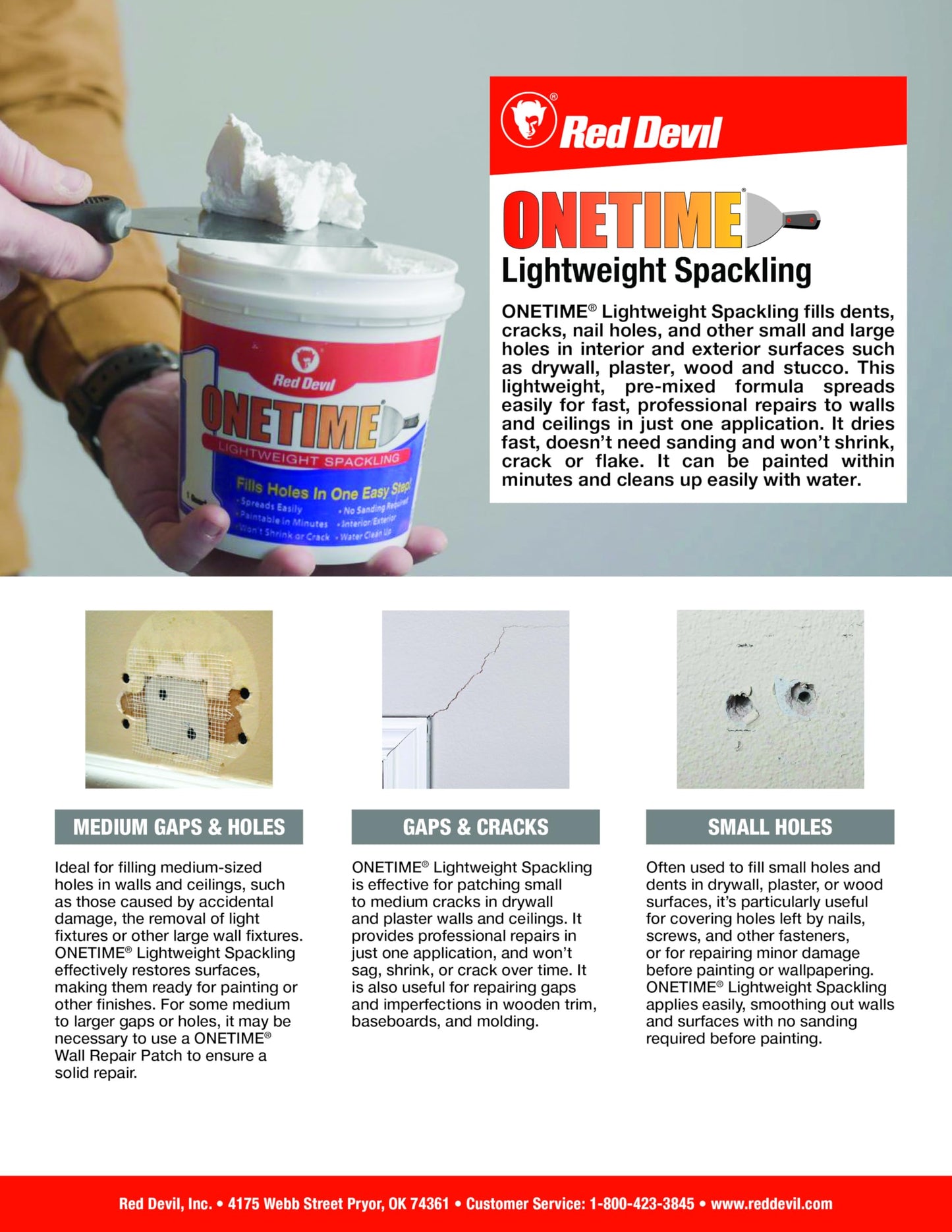 Red Devil ONETIME Lightweight Spackle Wall Repair, Spackling for Holes Drywall, Made in USA