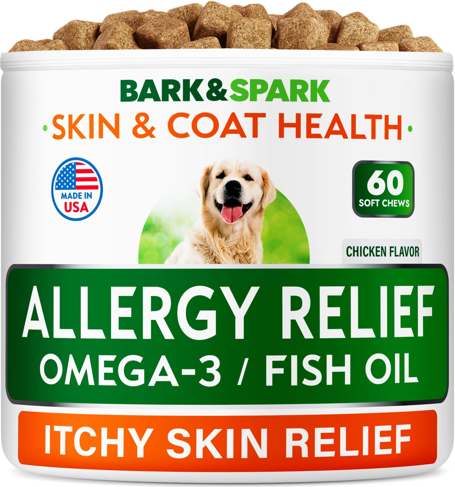 BARK&SPARK Dog Allergy Relief Chews - Anti-Itch Skin & Coat Supplement - Omega 3 Fish Oil - Itchy Skin Relief Treatment Pills - Itching&Paw Licking - Dry Skin&Hot Spots - (60 Immune Treats - Chicken)