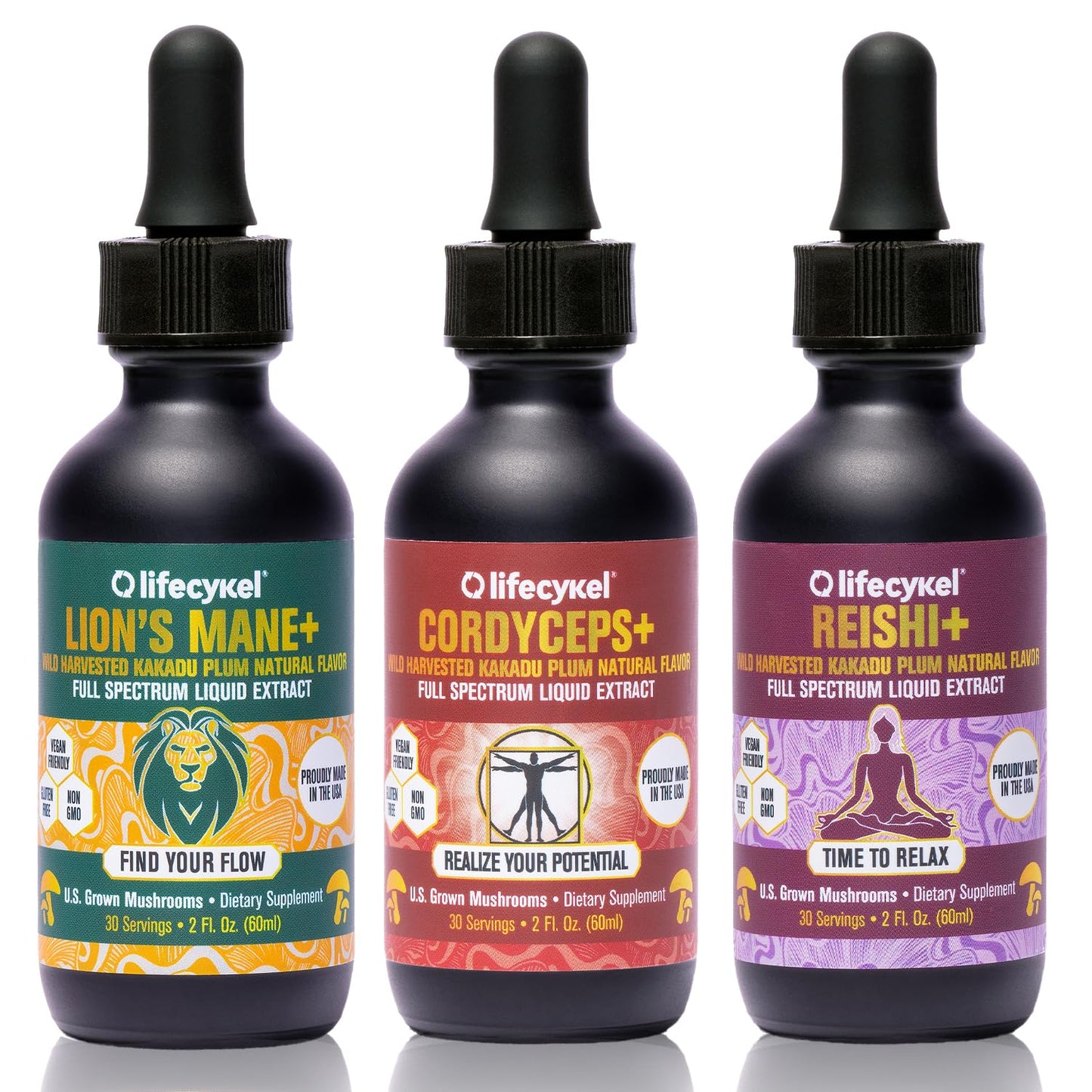 Life Cykel Professional Athletes Pack - Reishi, Lions Mane & Cordyceps Mushroom Extract- Full-Spectrum Mushroom Tincture for Energy, Focus and Immune Health- Vegan, Non-GMO Formula