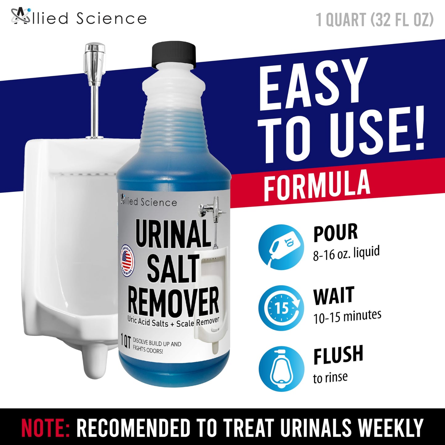 Allied Science Urinal Salt, Calcium and Mineral Scale Remover - Eliminates Urine Odor, Destroys Uric Acid Salt, Deposit Buildup
