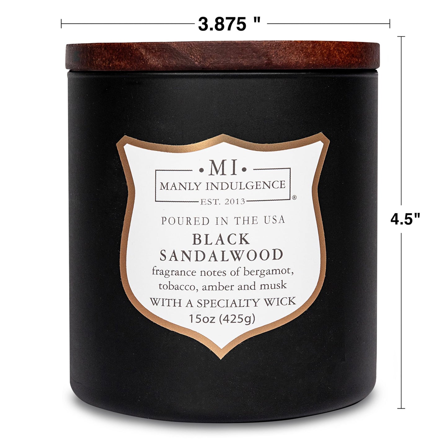 Manly Indulgence Black Sandalwood Scented Candle for Men 15 oz – Bergamot, Tobacco, Amber & Musk - Wood Wick - Up to 60 Hours Burn - Soy Blend Wax, USA Poured – Signature Collection
