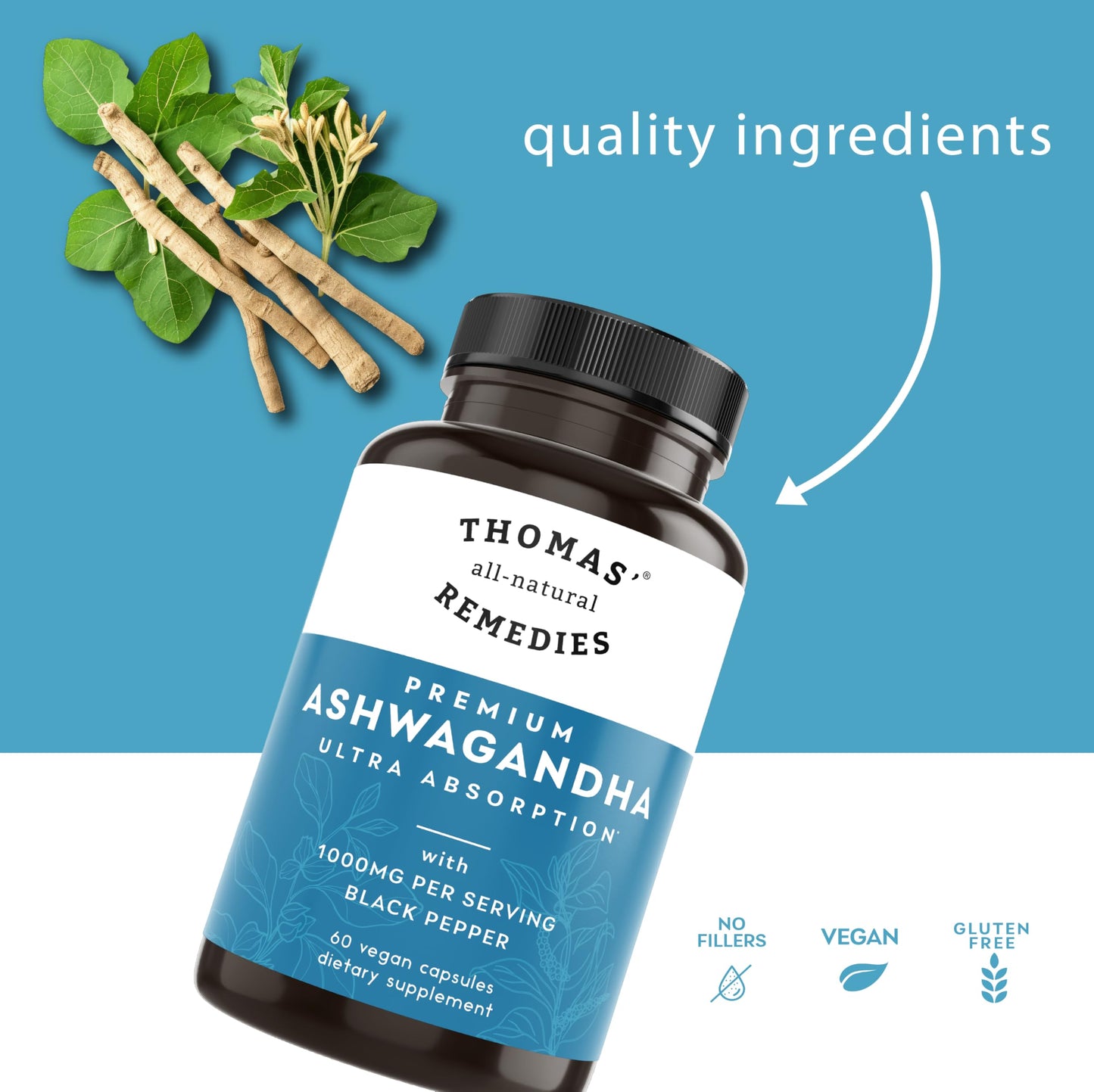 Thomas' all-natural Remedies Organic Ashwagandha Stress Support Supplement, Mood & Energy Support, Pure Ashwagandha 1000mg, Ultra Absorption with Black Pepper, Vegan, No fillers
