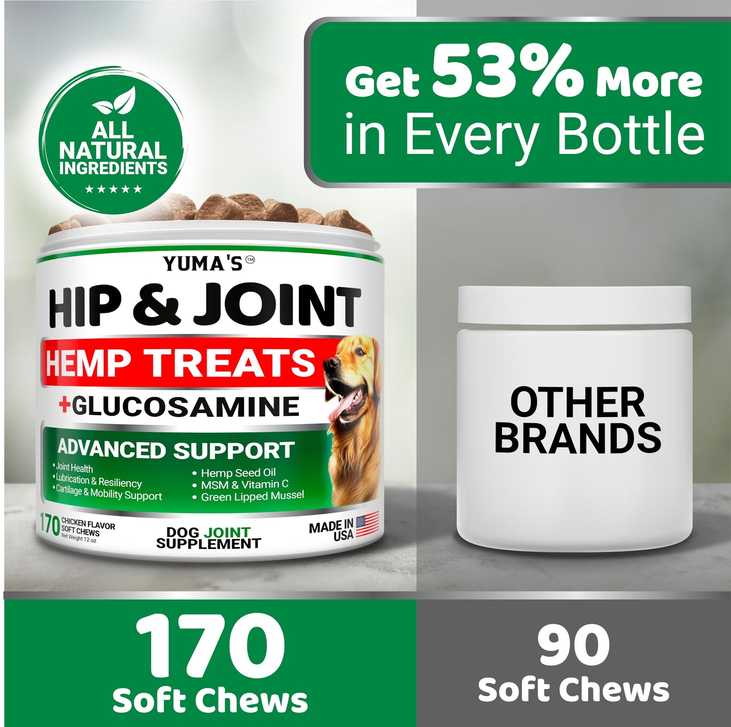 YUMA'S Hemp Hip and Joint Supplement for Dogs - Glucosamine for Dogs - Joint Pain Relief Chews - Chondroitin, MSM - Hemp Oil - Advanced Canine Health Supplement - Mobility Support Treats