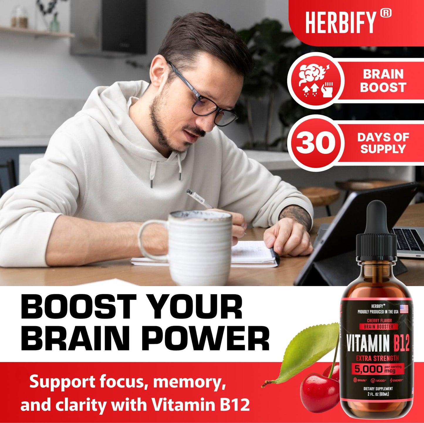 HERBIFY Vitamin B12 Methylated Multivitamin Energy Supplements for Women & Men - Liquid B12 Vitamins 5000 Mcg Methylcobalamin - Energy Support and Immune Health Liquid Vitamin 2 Oz