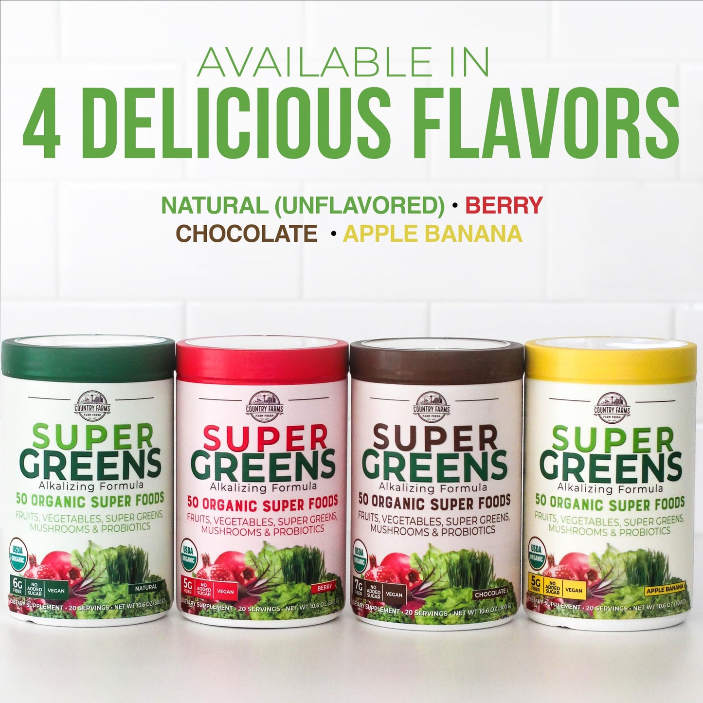 COUNTRY FARMS Organic Super Greens Chocolate Flavor, 50 Organic Super Foods, USDA Organic Drink Mix, Packed with Fiber, Fruits, Vegetables, Mushrooms & Probiotics, Supports Energy, 7g Fiber